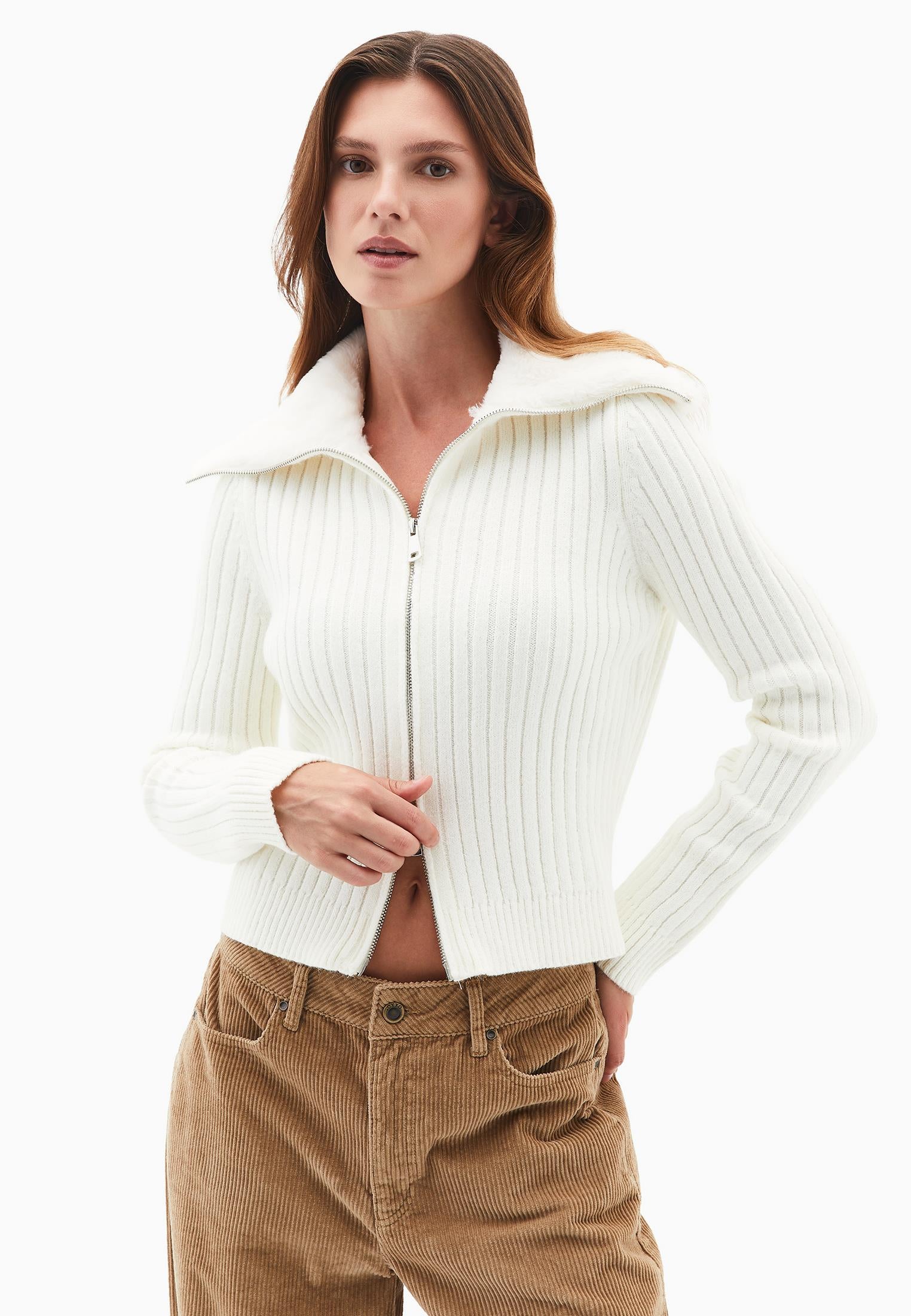 Polo Neck Zipper Detail Knit Cardigan - ICE MILK