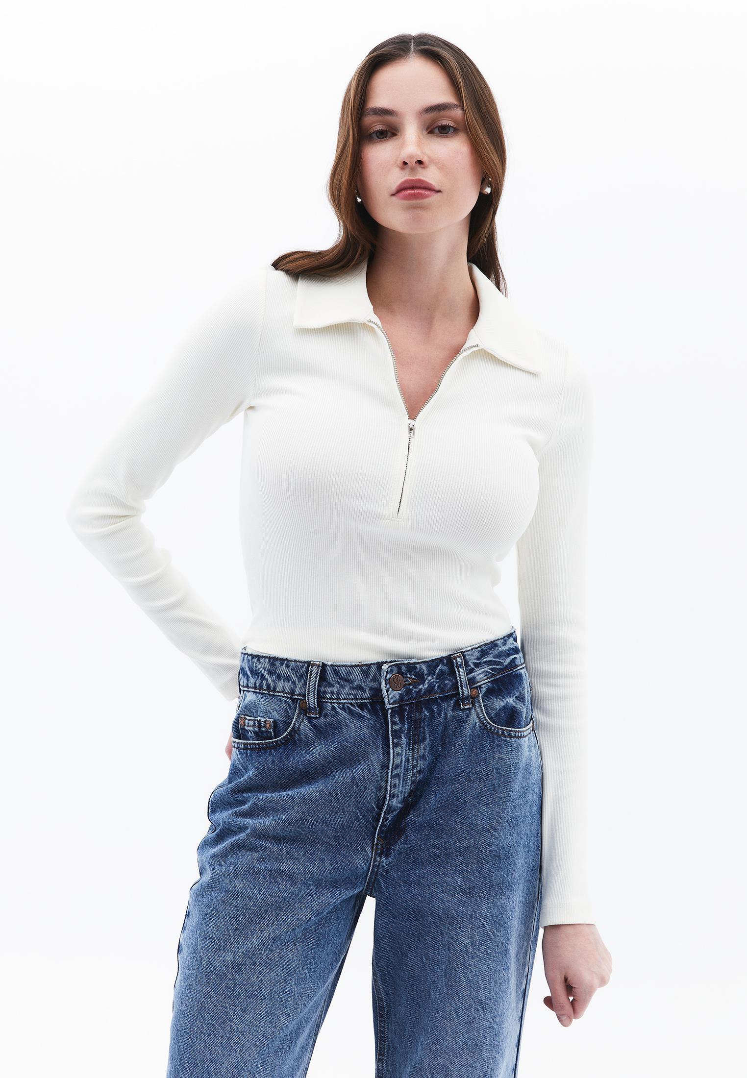 Polo Collar Long Sleeve T-Shirt With Zipper Detail - ICE MILK