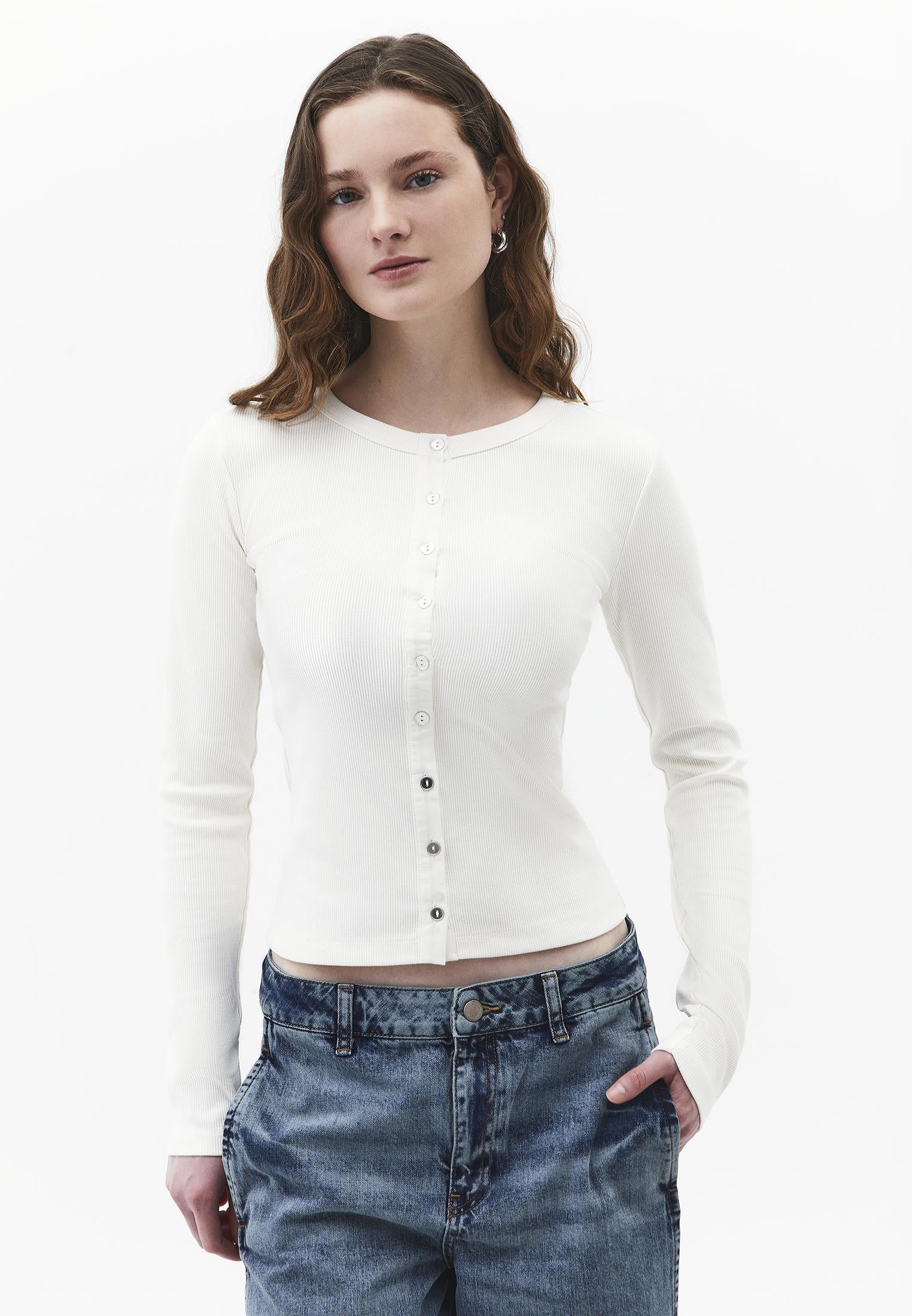 Button Detailed Crew Neck Long Sleeve T-Shirt - ICE MILK