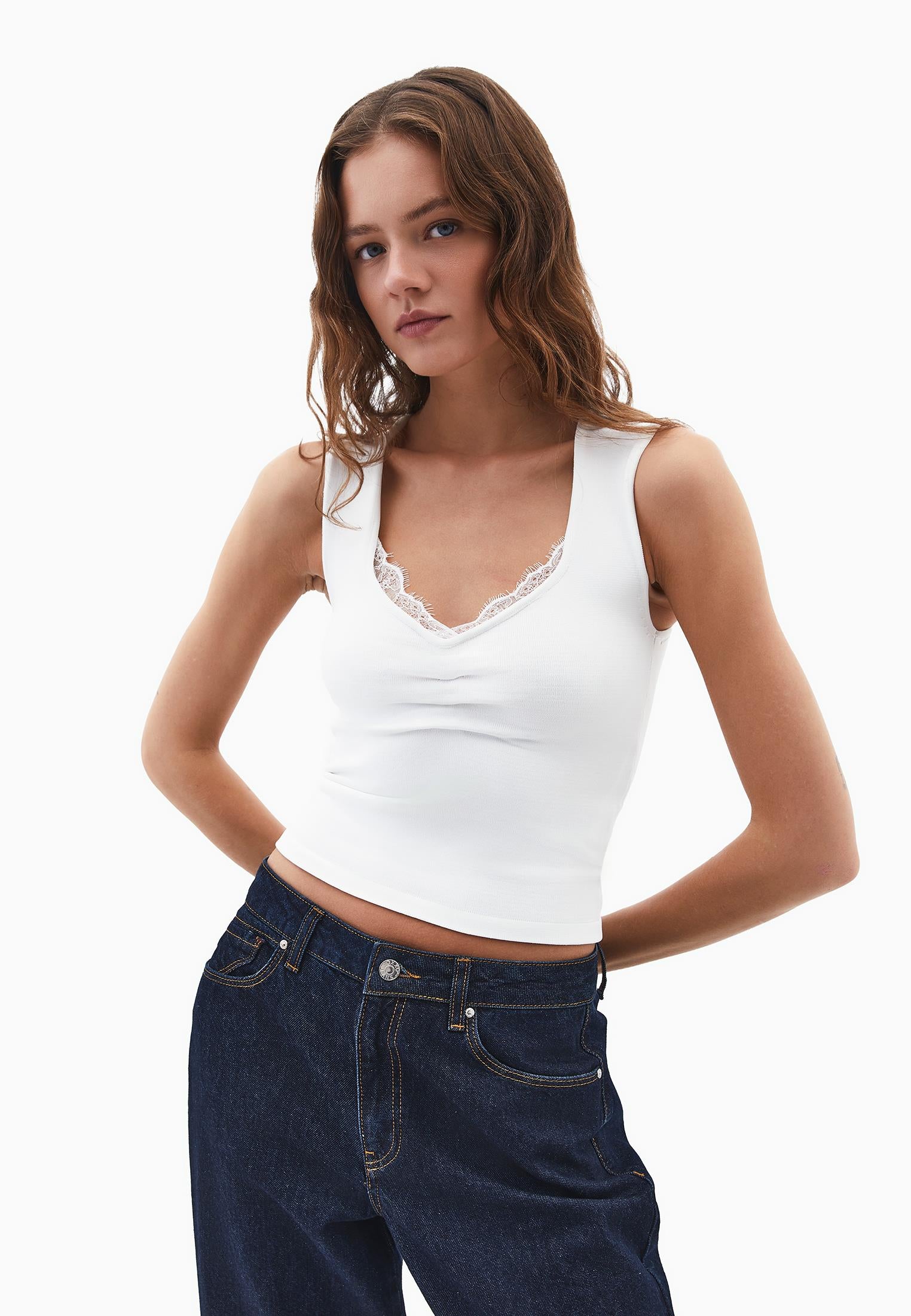 V Neck Ruched Tank Top - ICE MILK