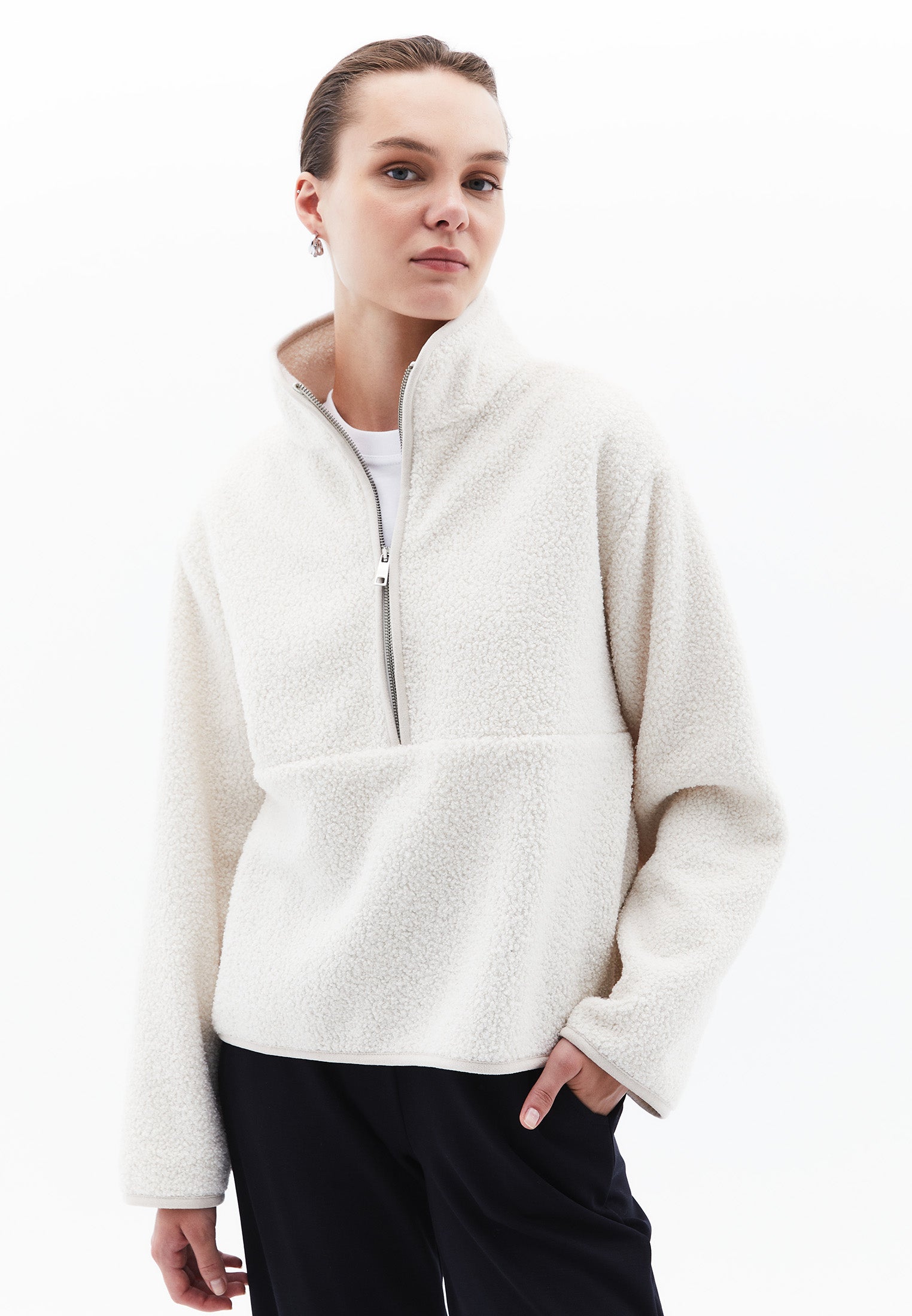 High Collar Zip Detailed Tunic Coat - ICE MILK