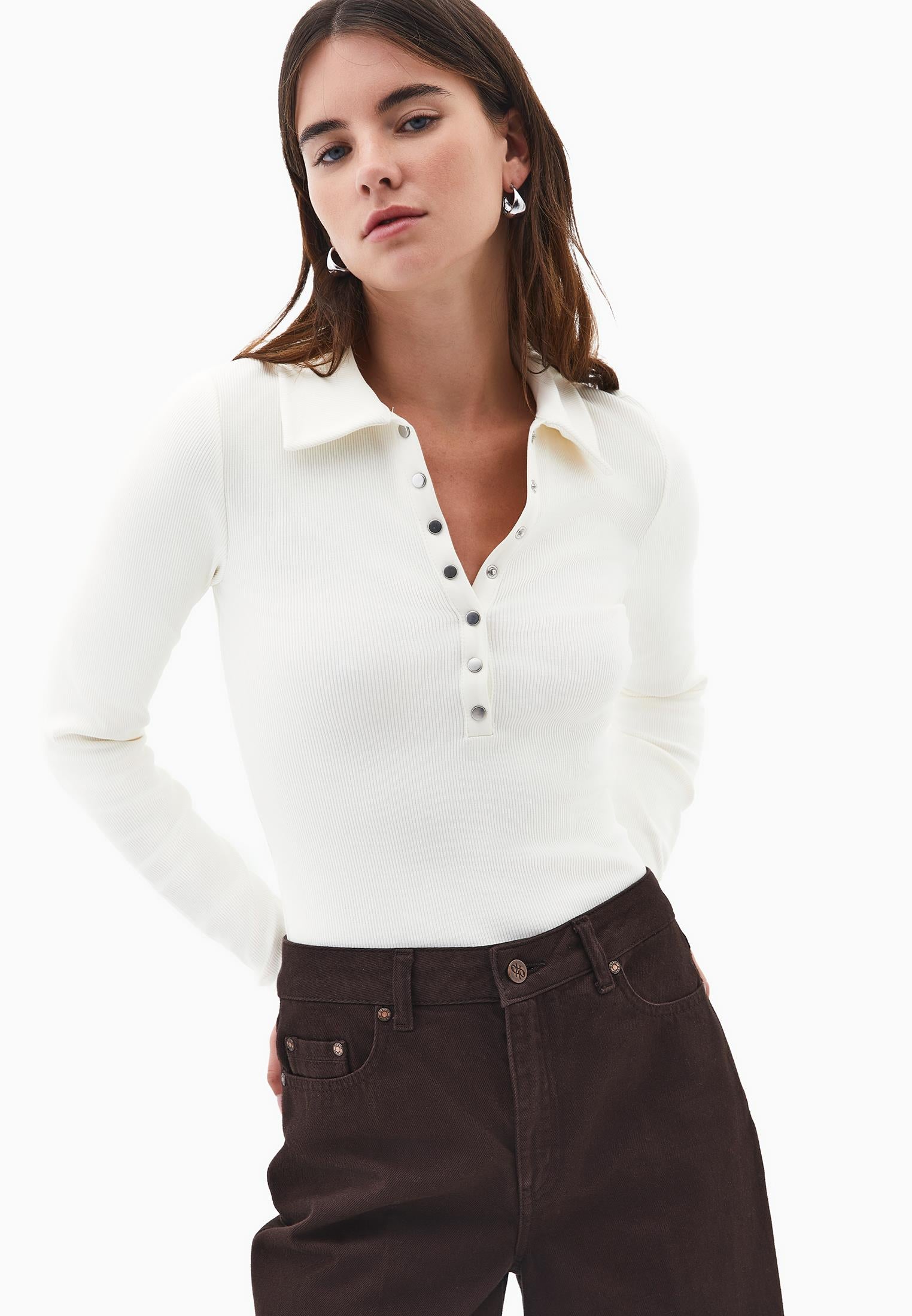 Polo Collar Long Sleeve Bodycon T-Shirt - ICE MILK