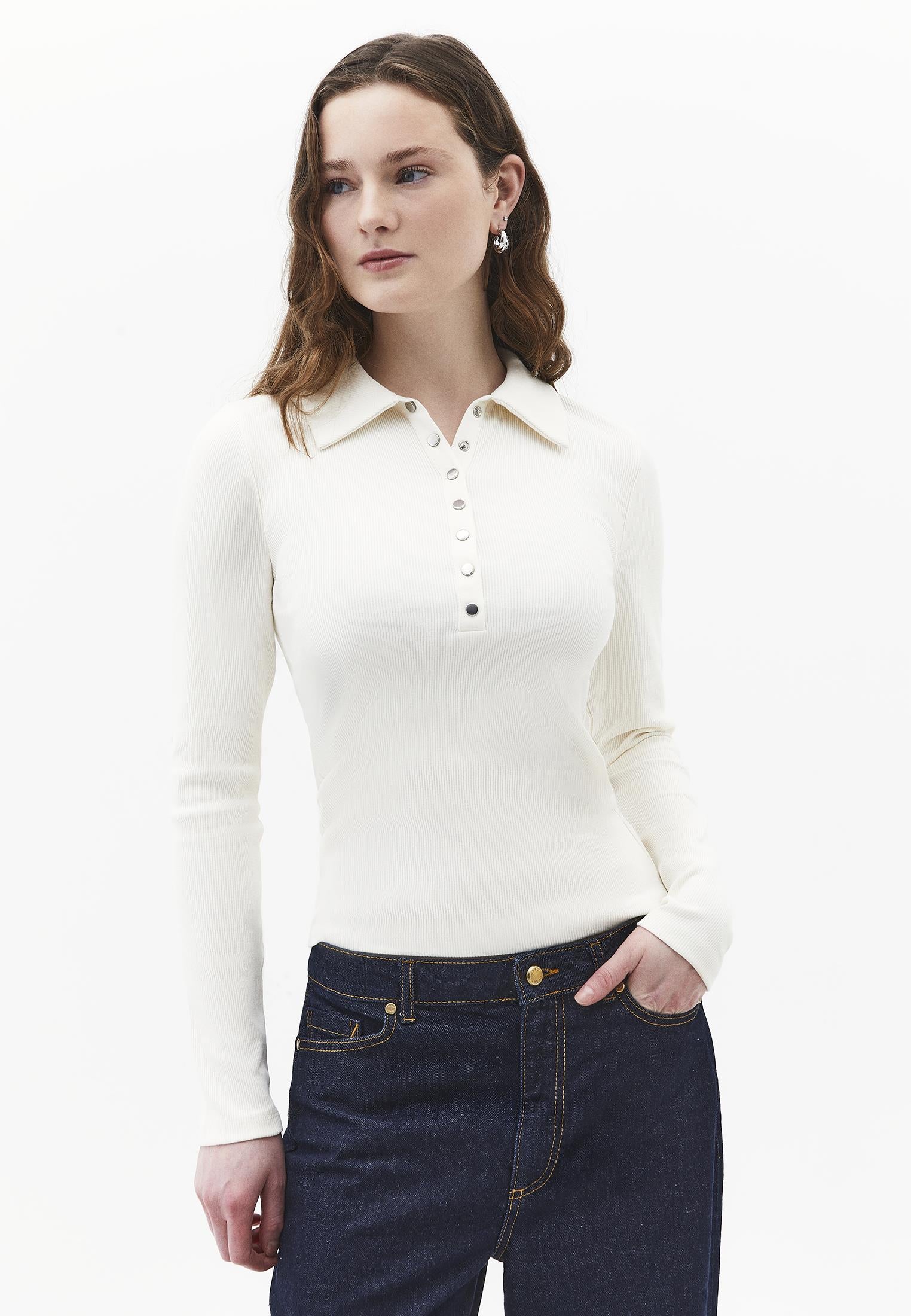 Polo Collar Long Sleeve Bodycon T-Shirt - ICE MILK