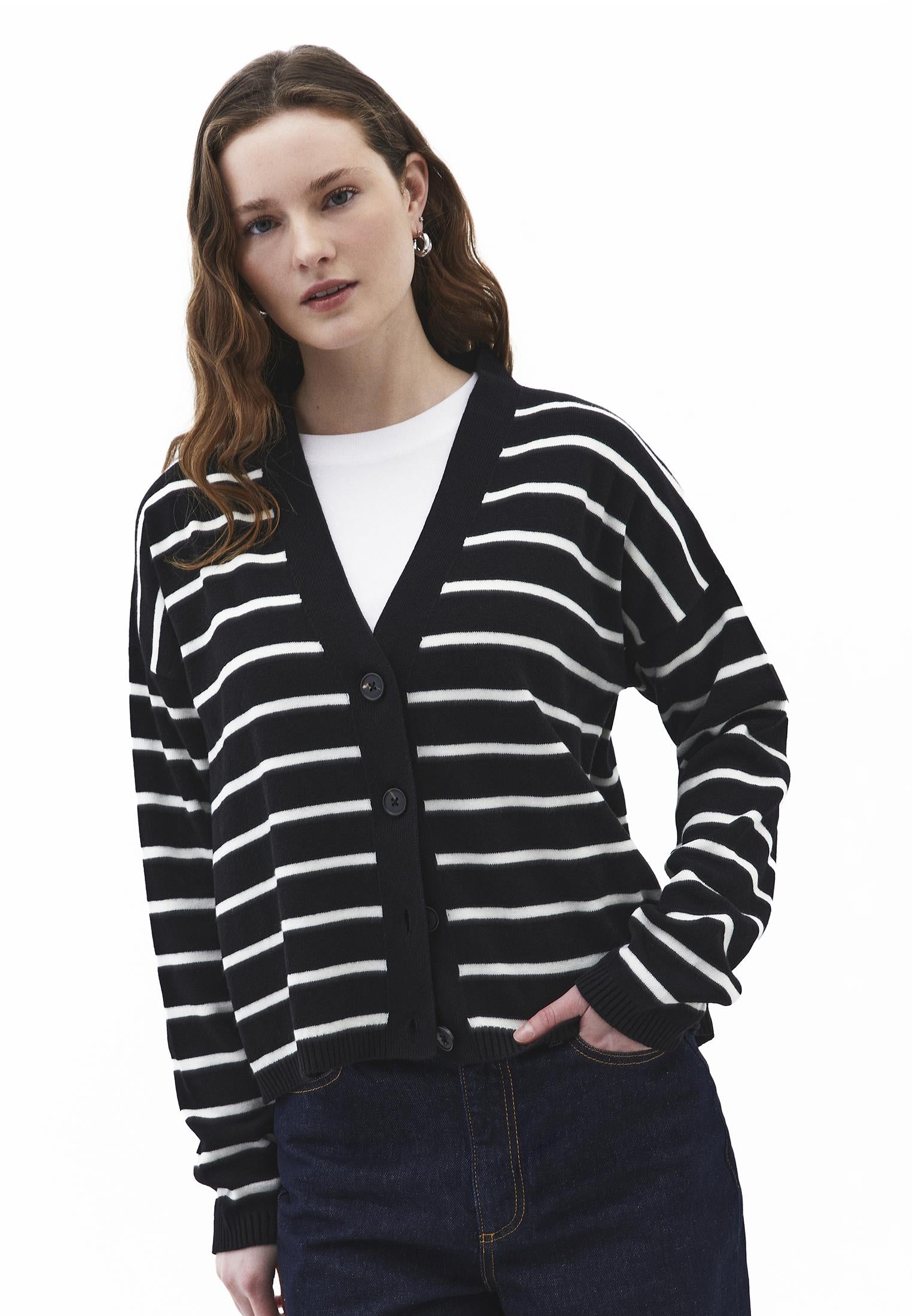 V Neck Striped Loose Knit Cardigan - BLACK/ICE MILK