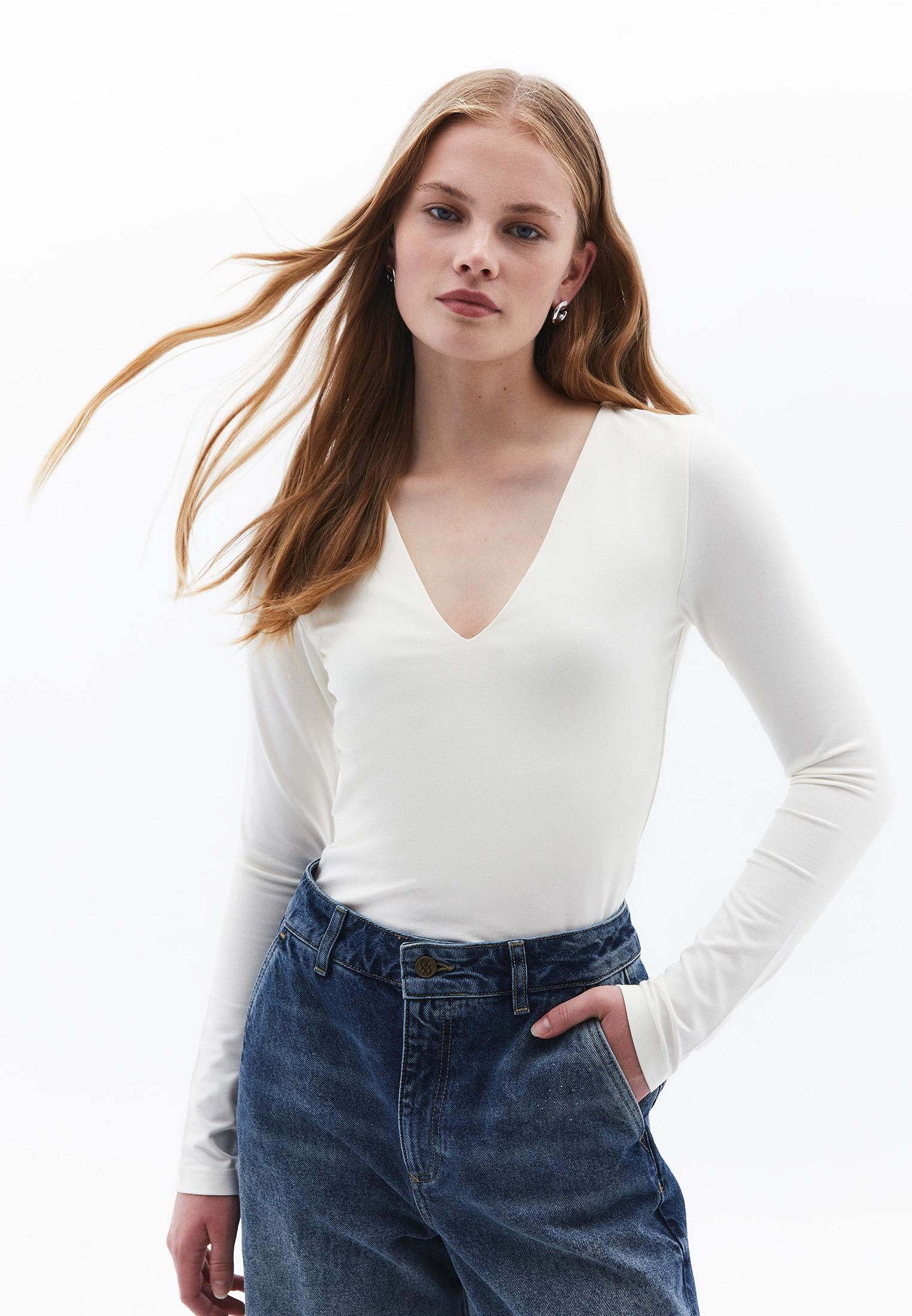 V Neck Long Sleeve T-Shirt - ICE MILK