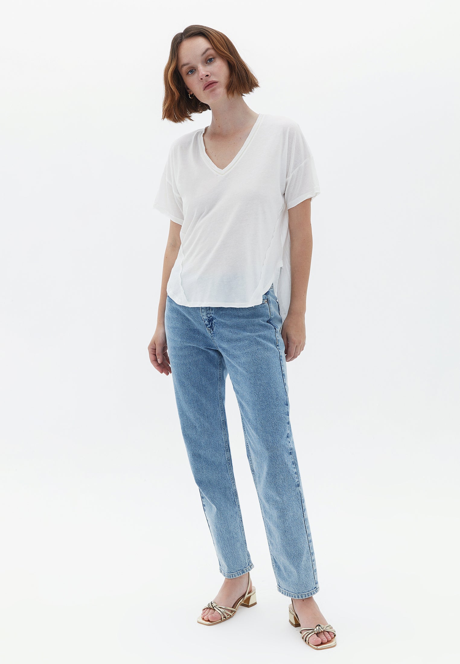 V Neck Short Sleeve T-Shirt - ICE MILK