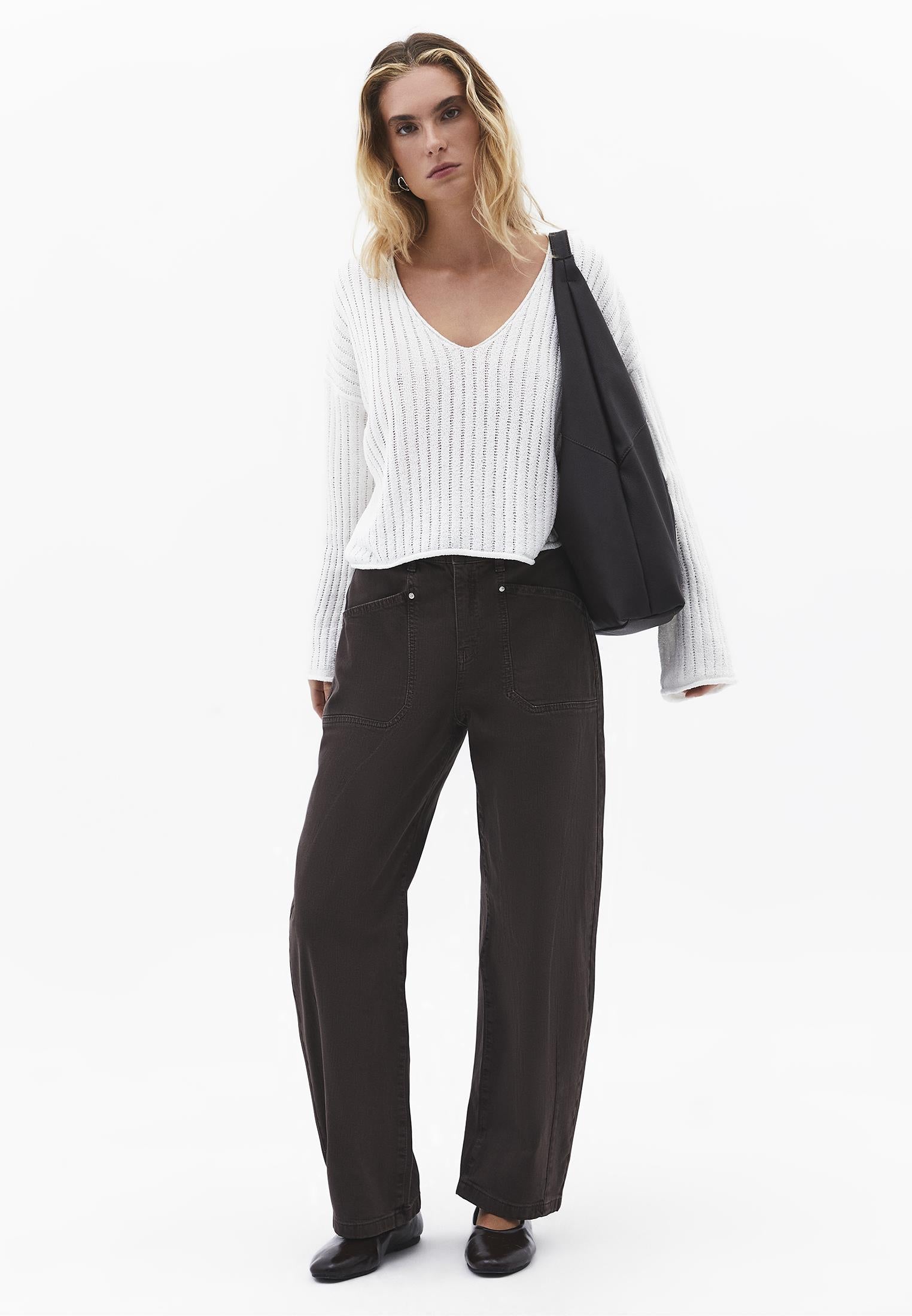Ribbed V-Neck Long Sleeve Sweater - ICE MILK