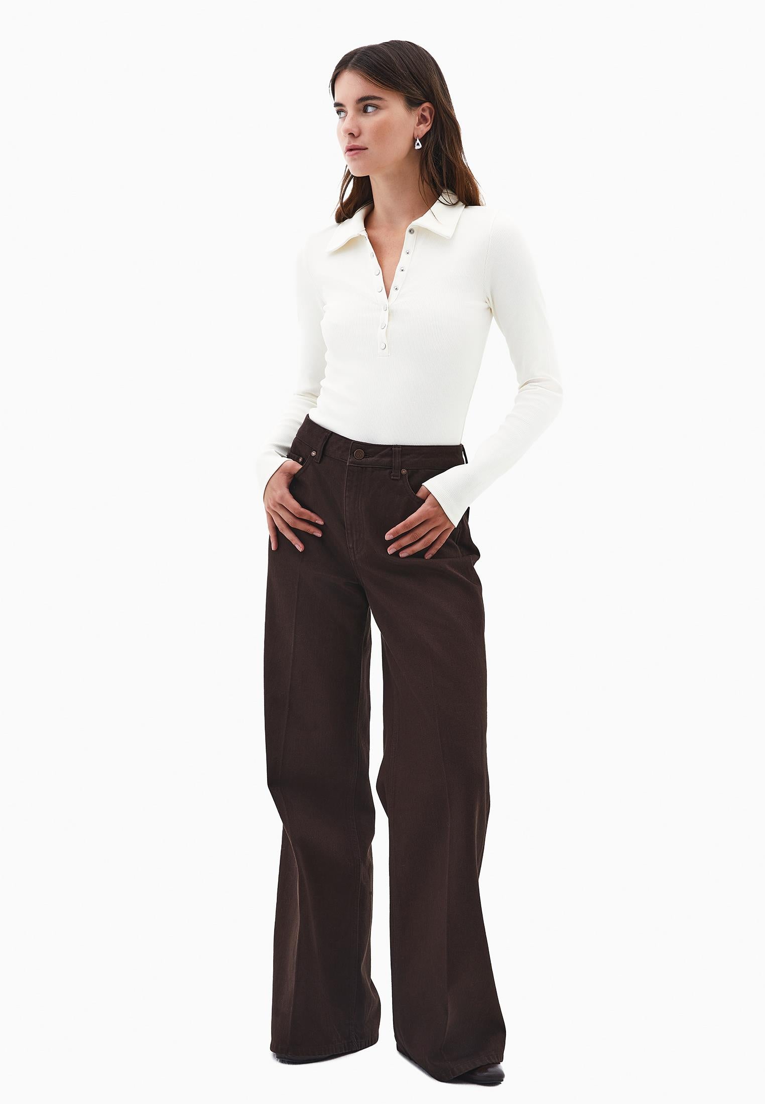 Polo Collar Long Sleeve Bodycon T-Shirt - ICE MILK