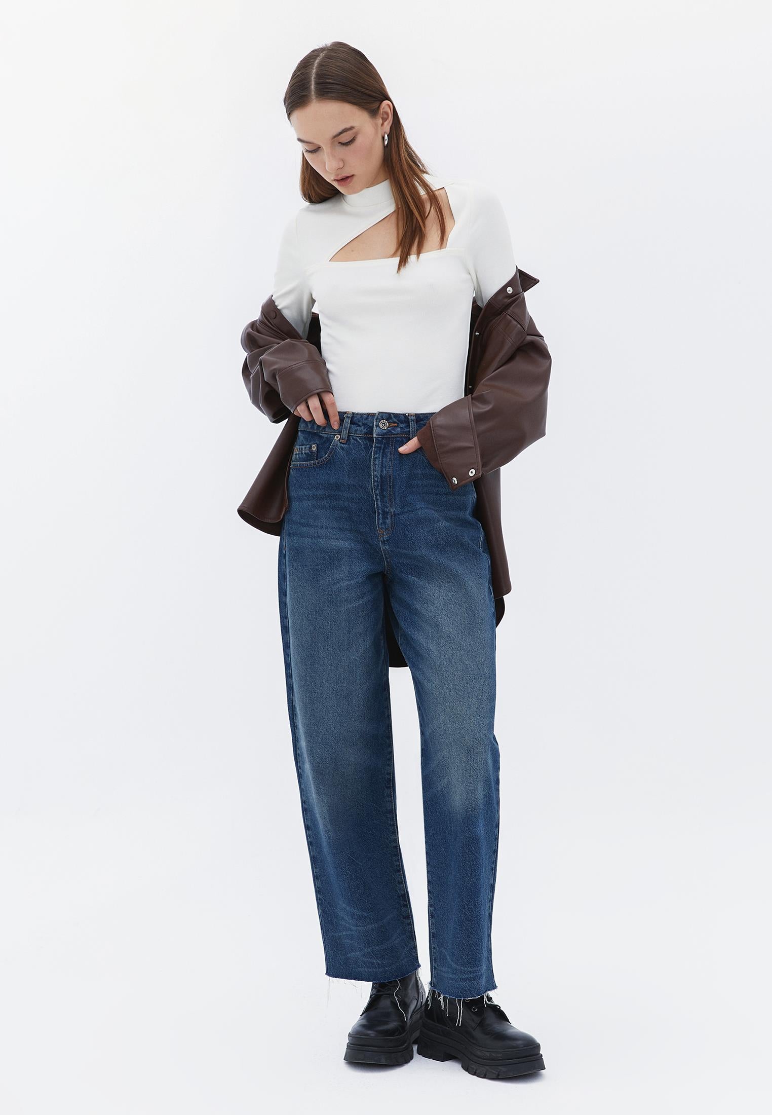 High Neck Long Sleeve Bodycon T-Shirt - ICE MILK