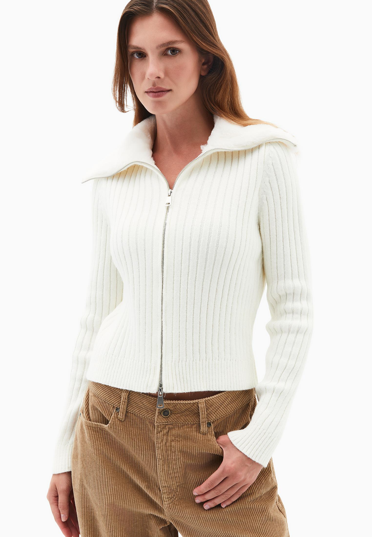 Polo Neck Zipper Detail Knit Cardigan - ICE MILK