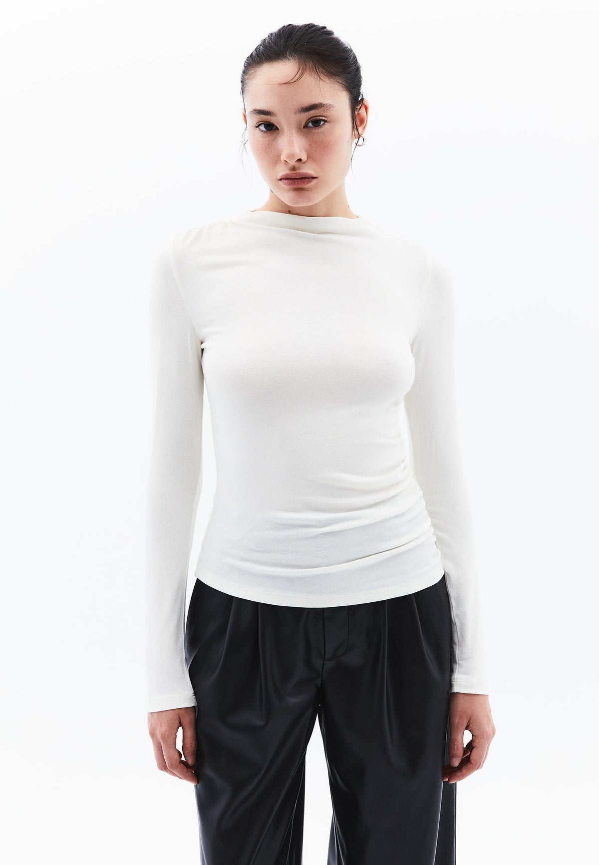 Ruched Long Sleeve High Neck Bodycon T-Shirt - ICE MILK