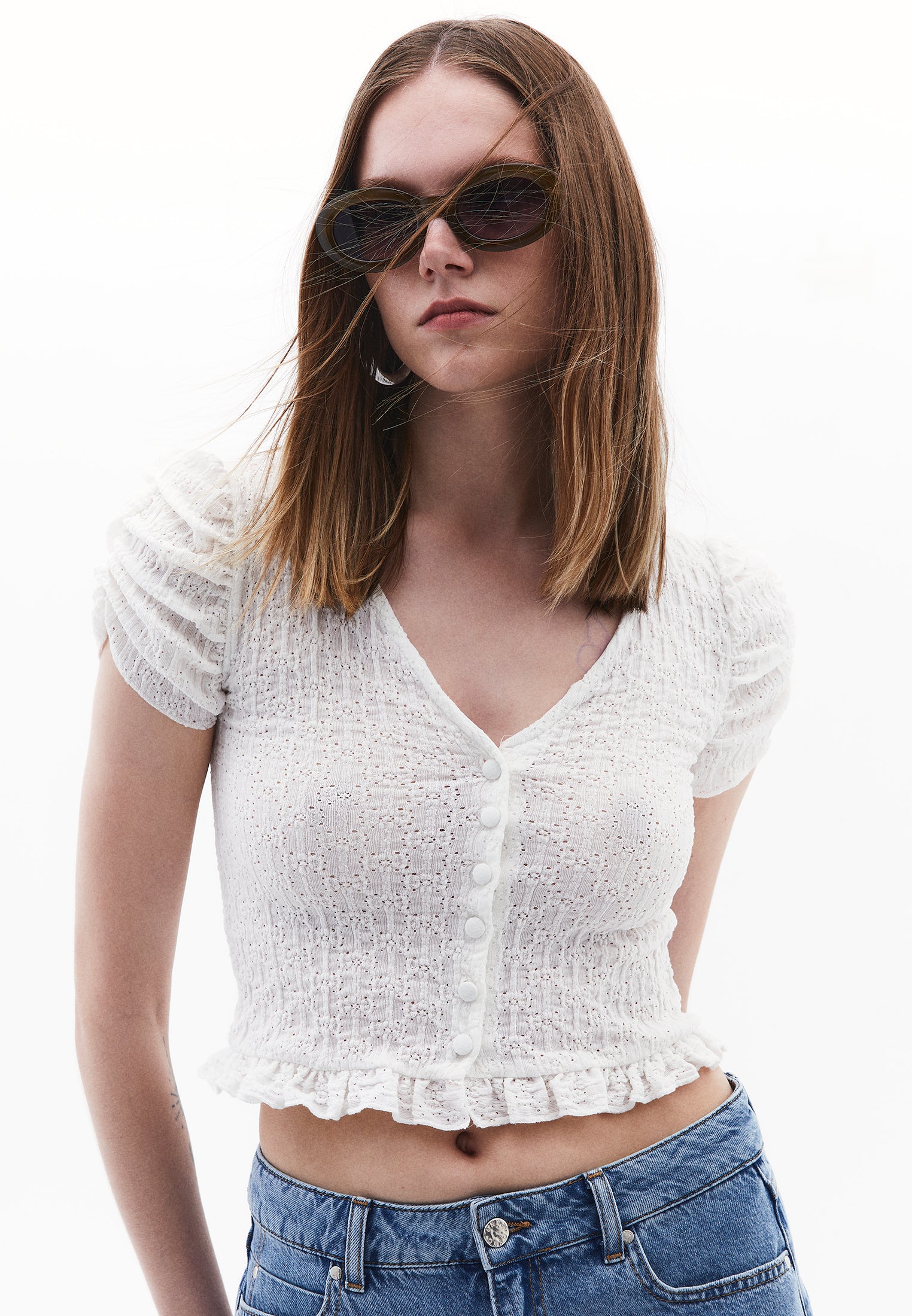 V Neck Short Sleeve Blouse - ICE MILK