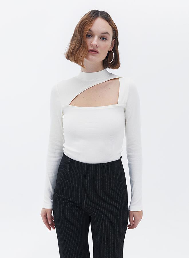 High Neck Long Sleeve Bodycon T-Shirt - ICE MILK