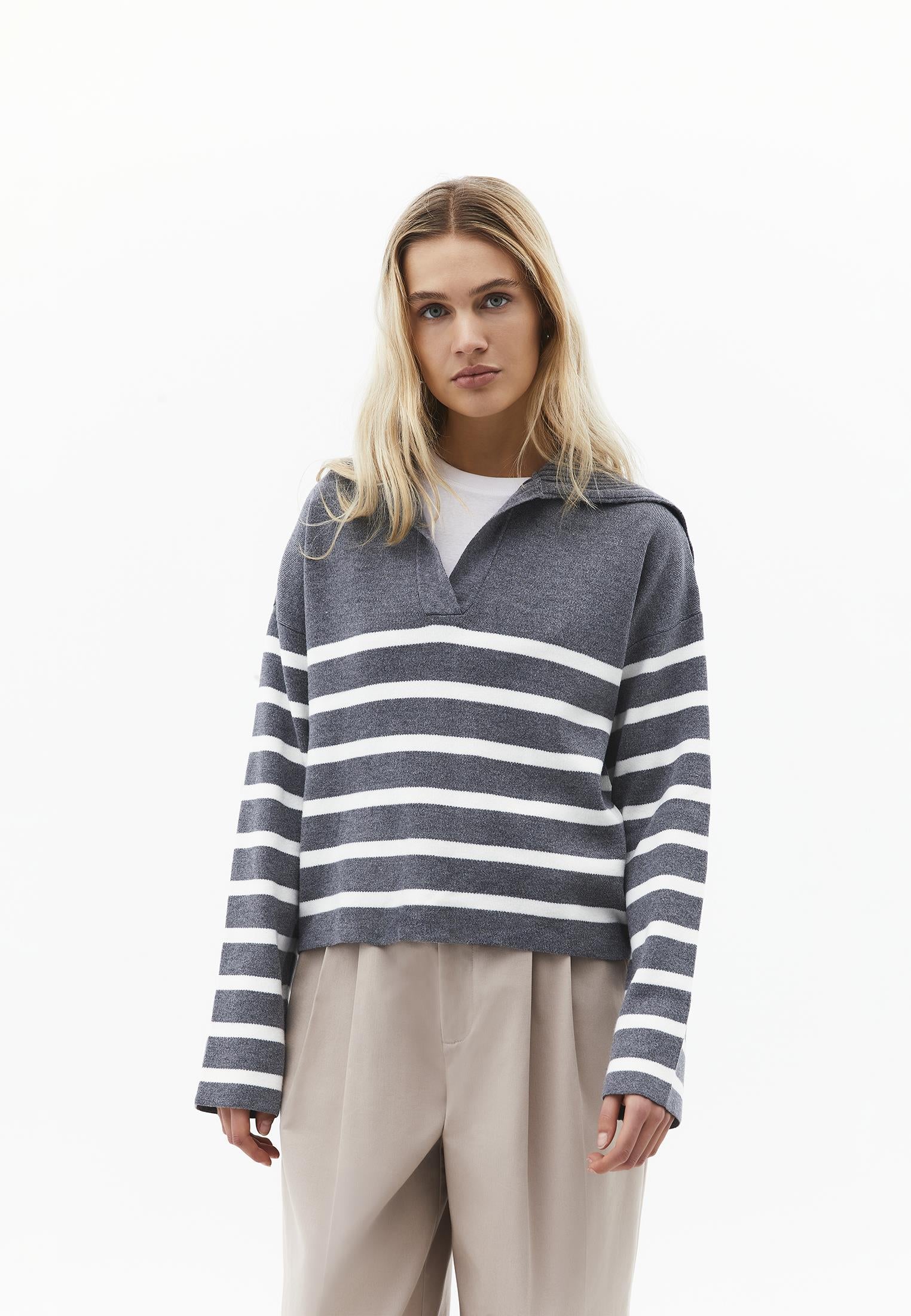 Striped Polo Collar Knit Sweater - BRUSHED NICKEL/ICE MILK