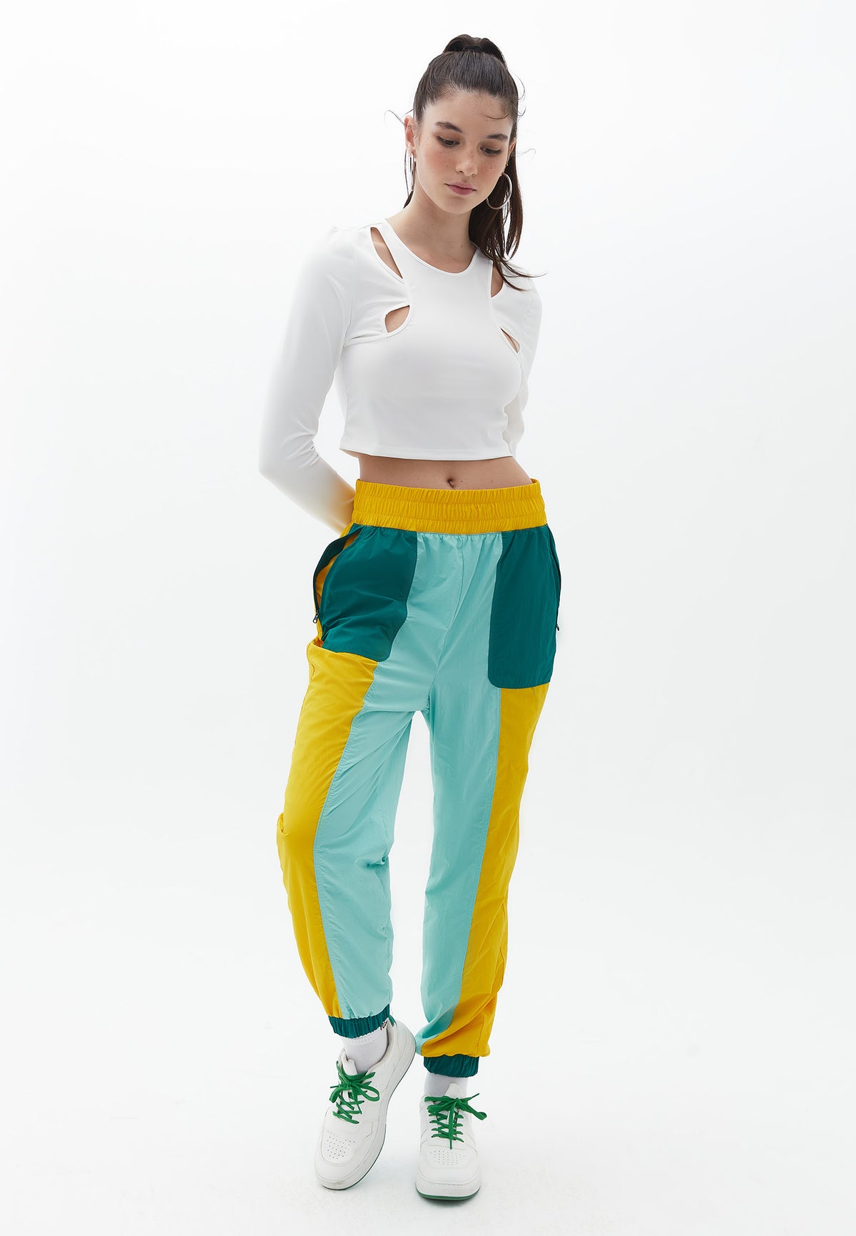 Asymmetric Neck Long Sleeve Cropped T-Shirt - ICE MILK