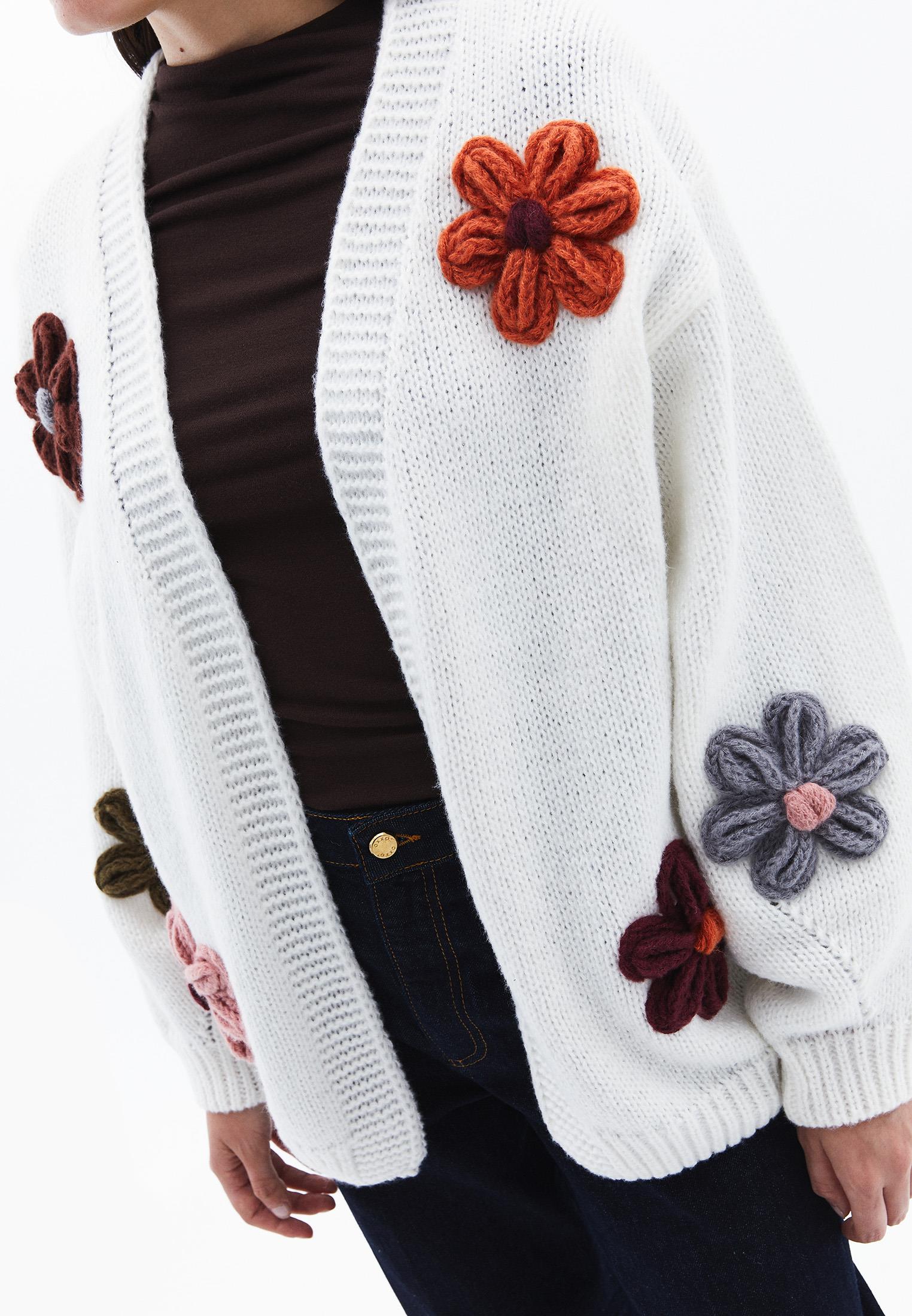 V Neck Oversize Knit Detailed Cardigan - ICE MILK