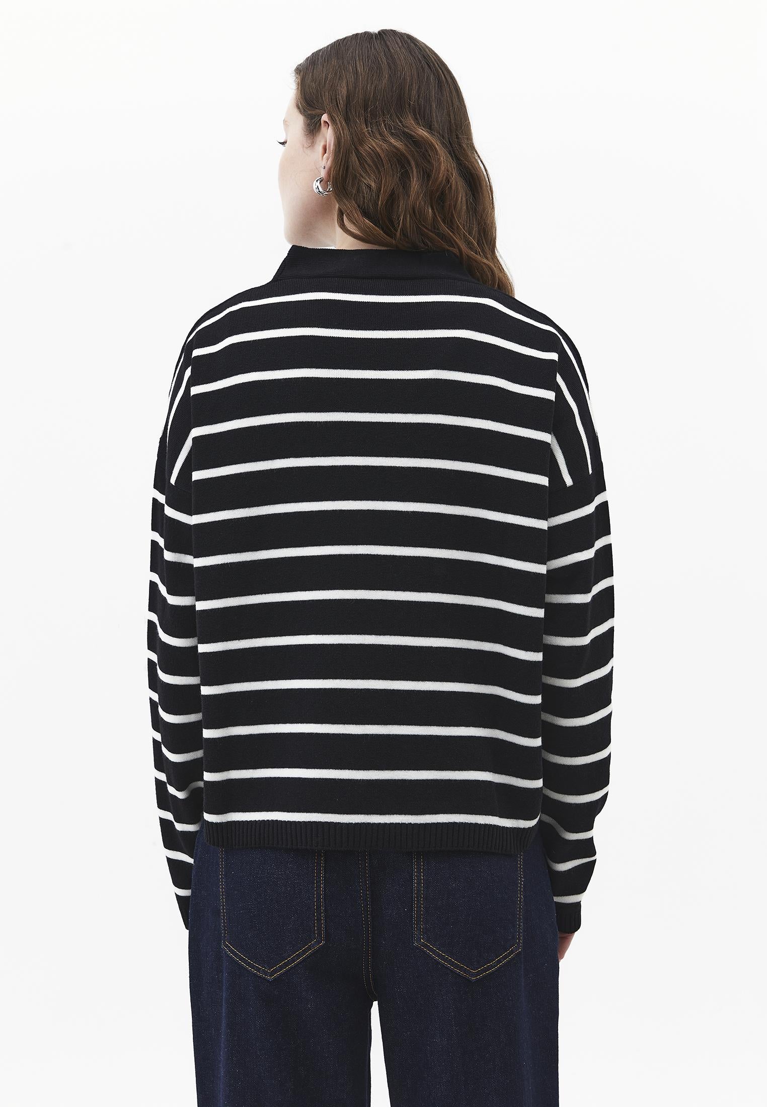 V Neck Striped Loose Knit Cardigan - BLACK/ICE MILK
