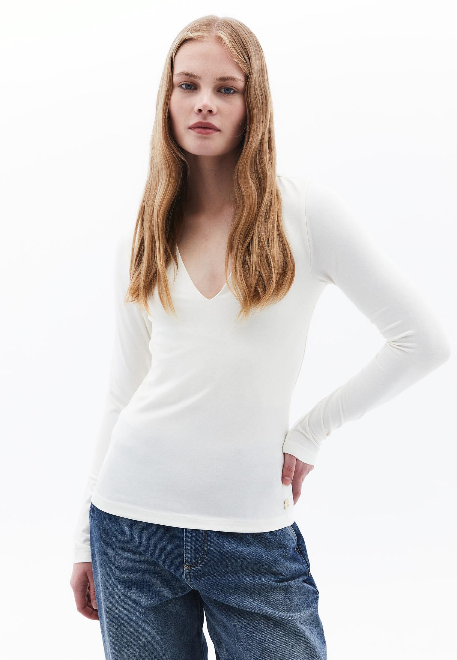 V Neck Long Sleeve T-Shirt - ICE MILK