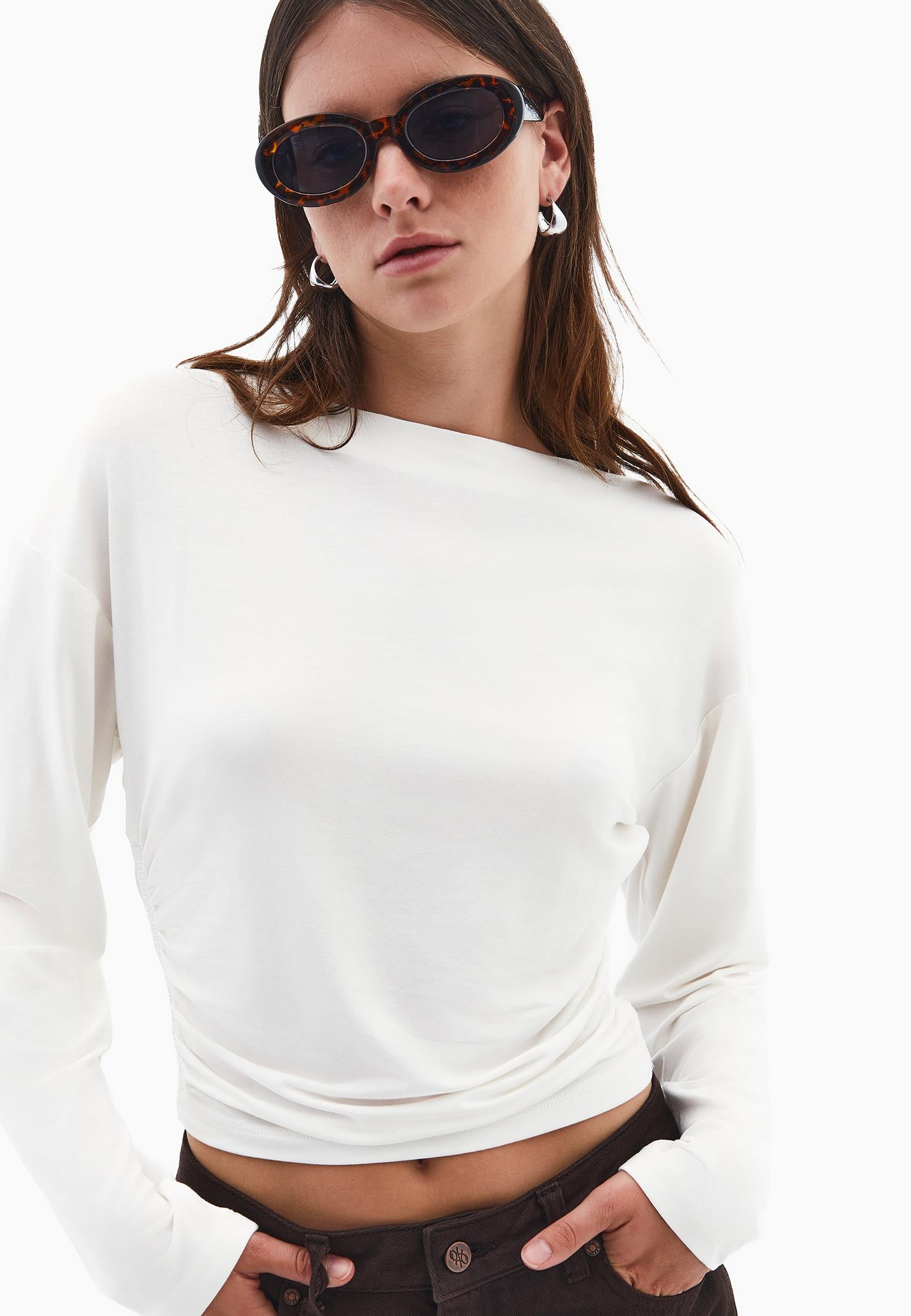 Boat Neck Long Sleeve T-Shirt - ICE MILK