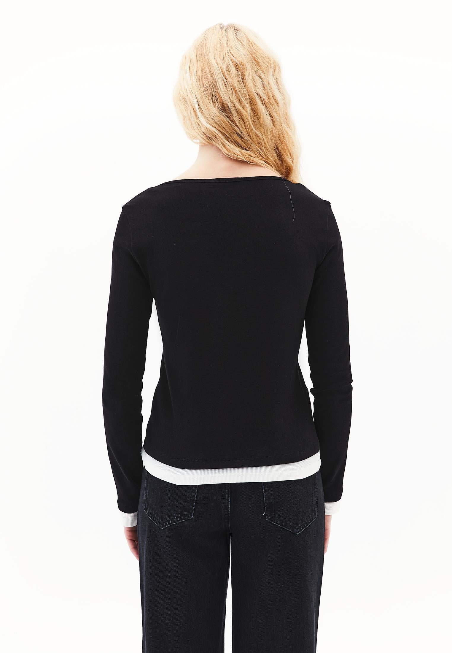 V Neck Long Sleeve T-Shirt - BLACK/ICE MILK