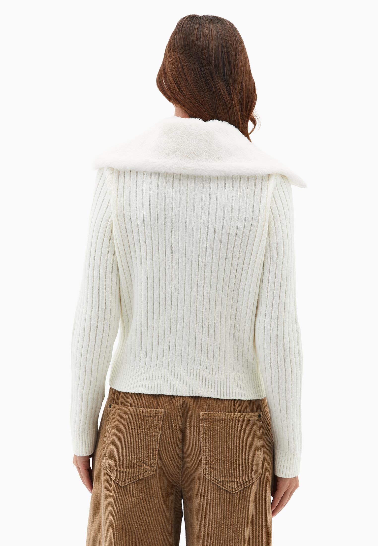 Polo Neck Zipper Detail Knit Cardigan - ICE MILK