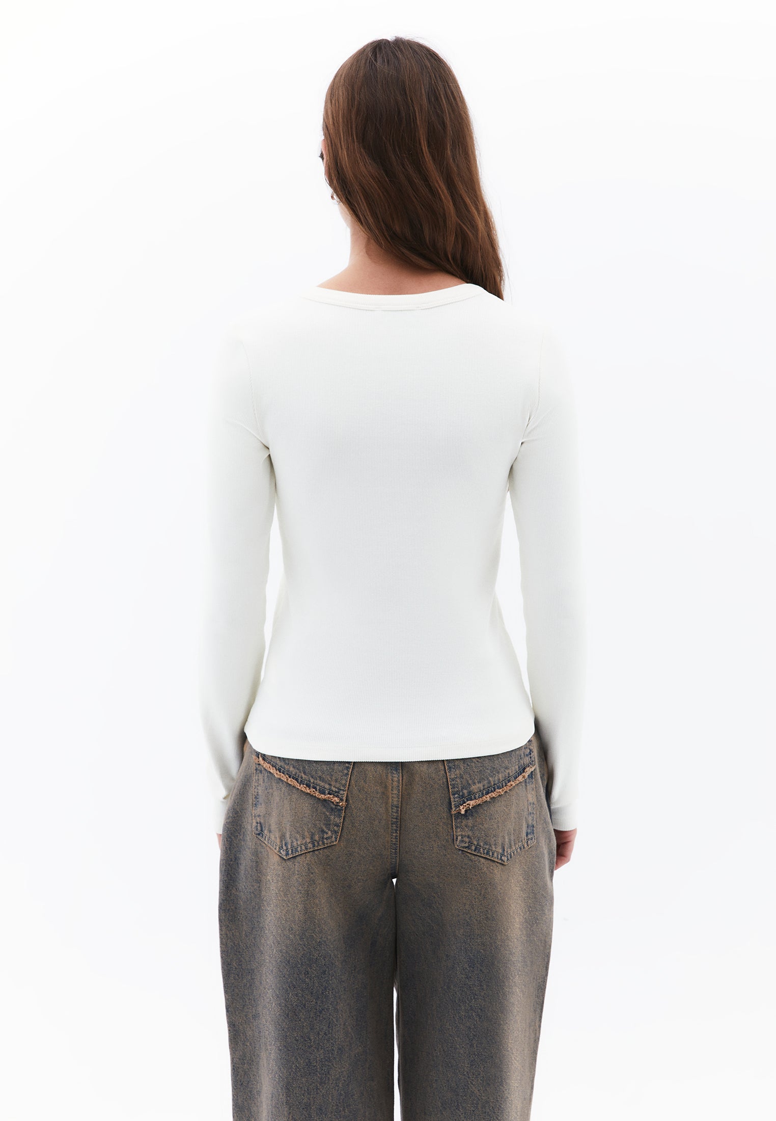 Long Sleeve Crew Neck Bodycon T-Shirt - ICE MILK