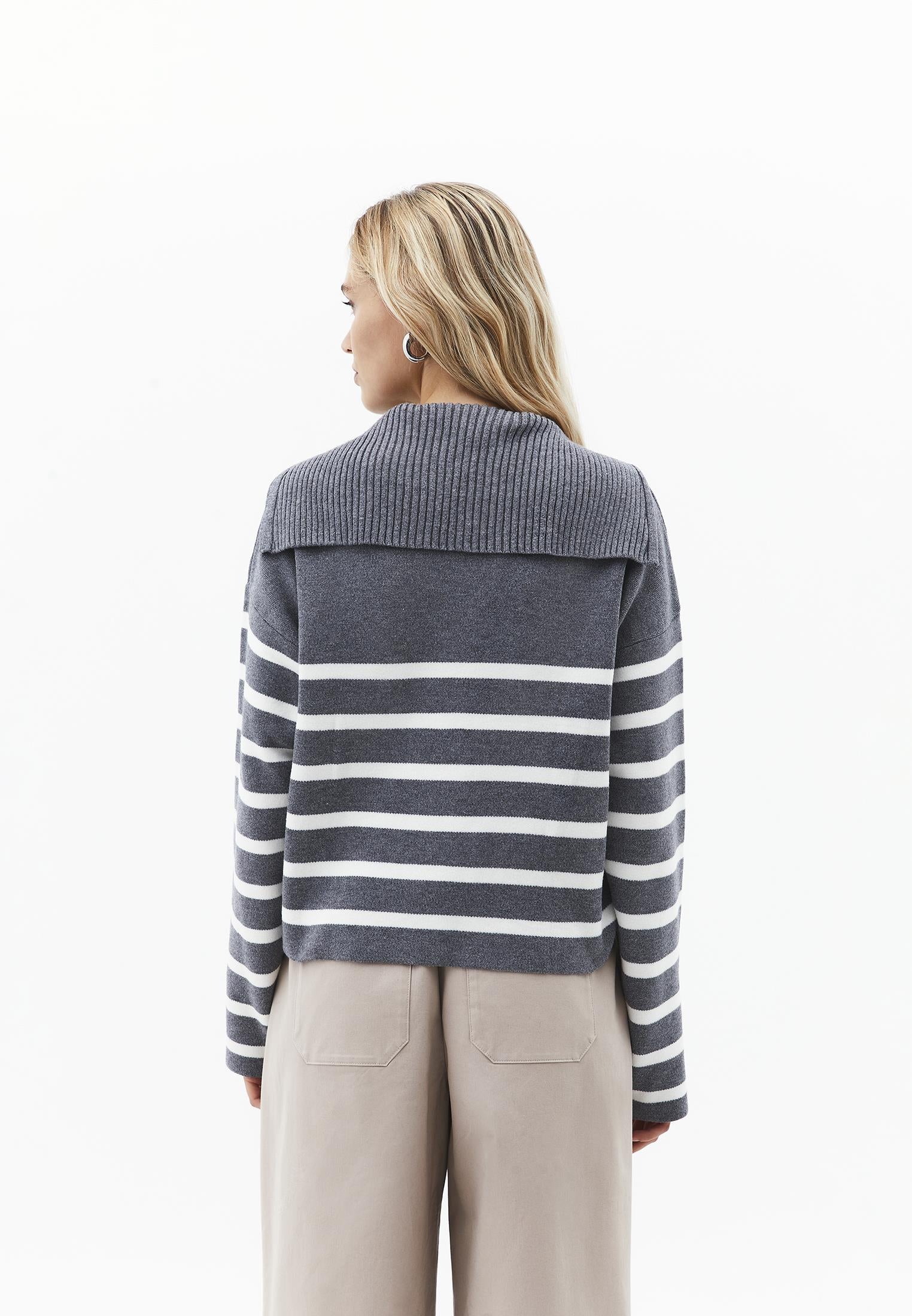 Striped Polo Collar Knit Sweater - BRUSHED NICKEL/ICE MILK