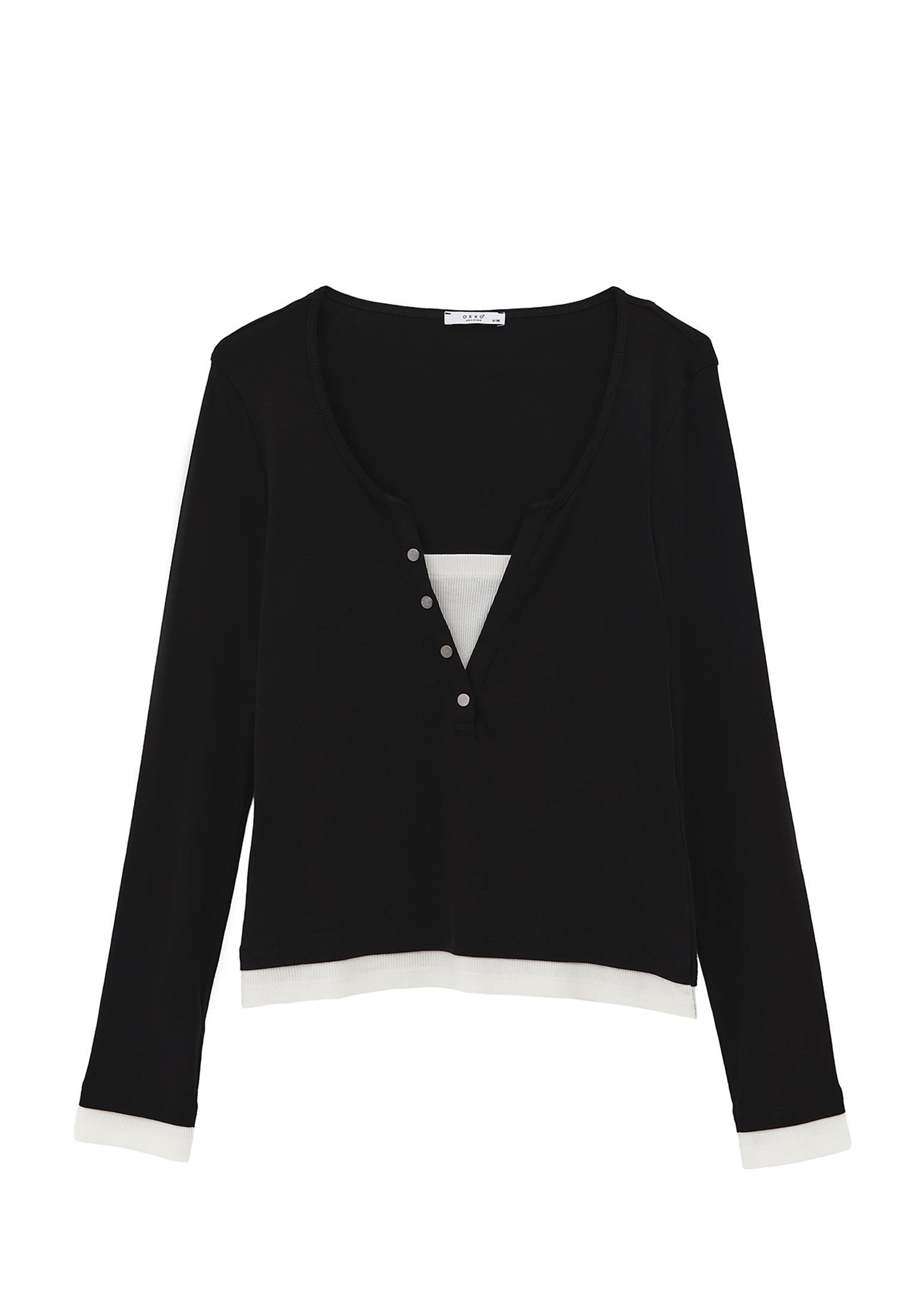 V Neck Long Sleeve T-Shirt - BLACK/ICE MILK