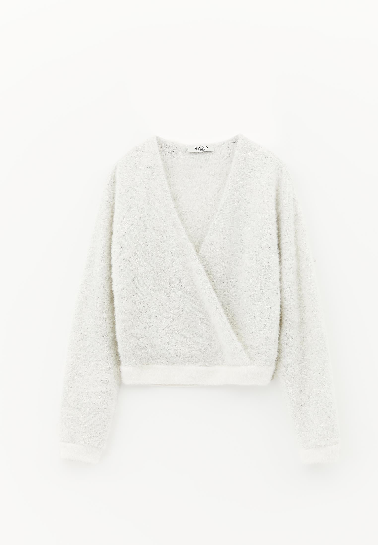 Wrap Neck Long Sleeve Knit Looking Sweater - ICE MILK