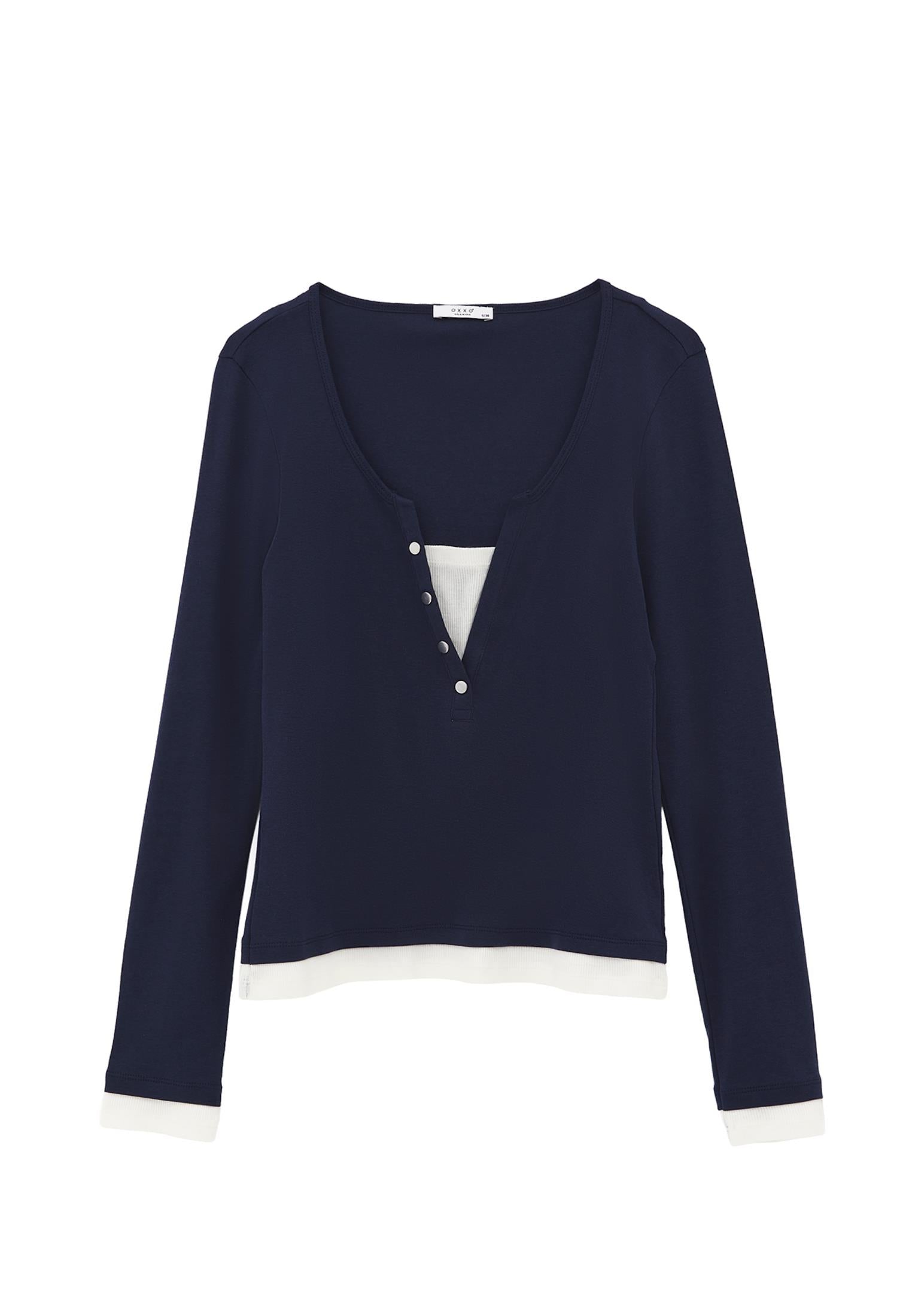 V Neck Long Sleeve T-Shirt - MIDNIGHT / ICE MILK