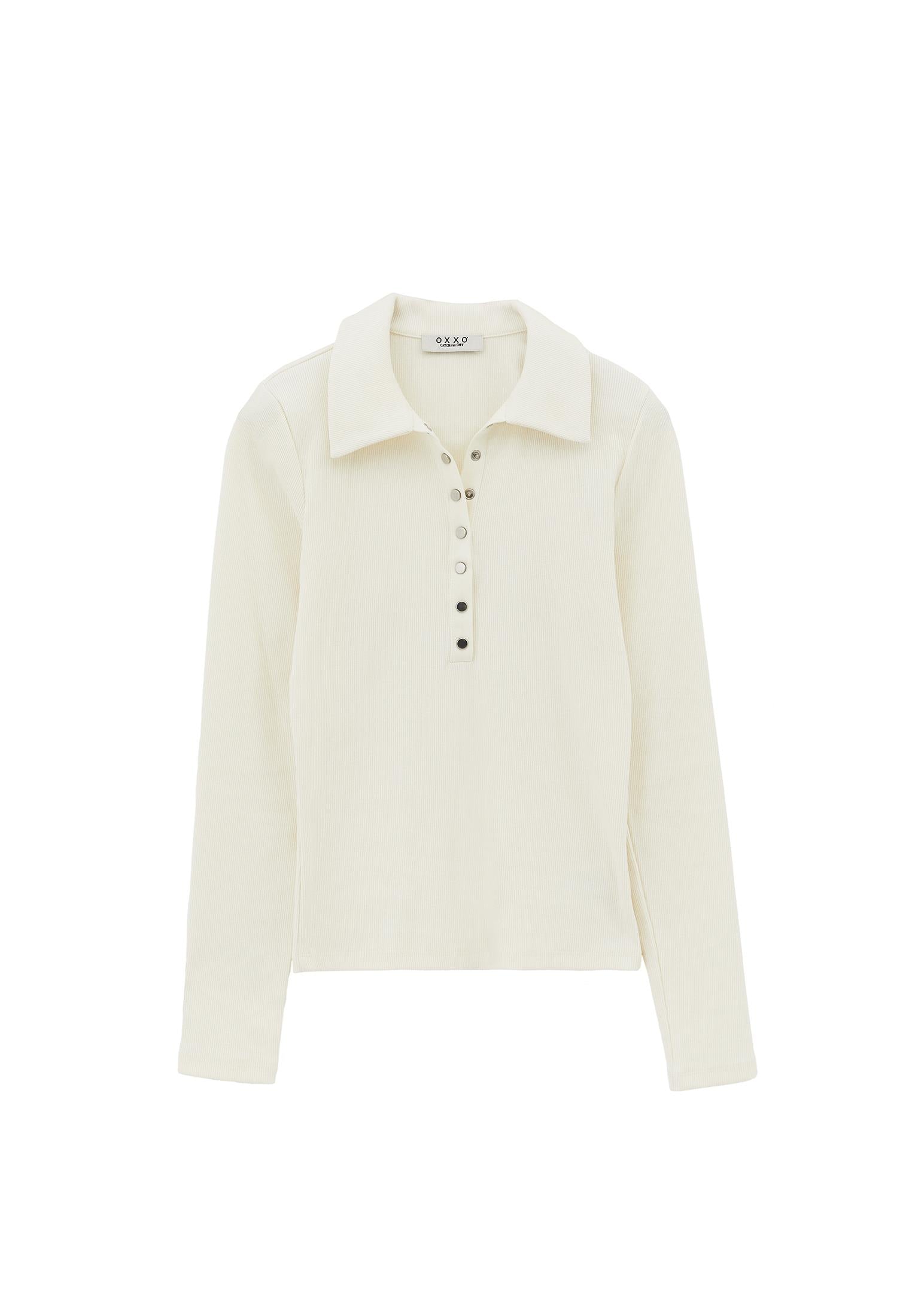 Polo Collar Long Sleeve Bodycon T-Shirt - ICE MILK