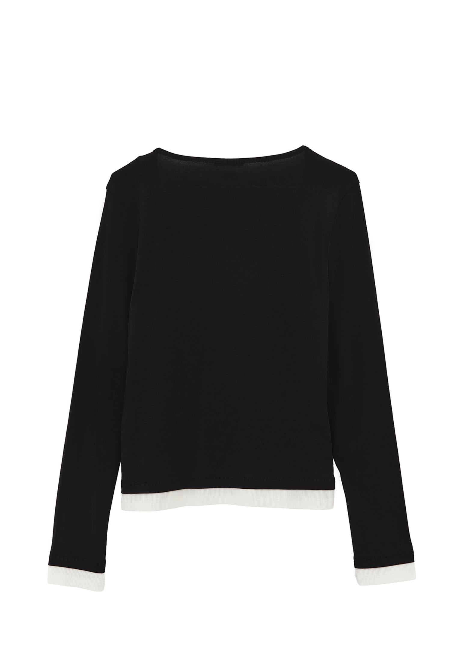 V Neck Long Sleeve T-Shirt - BLACK/ICE MILK