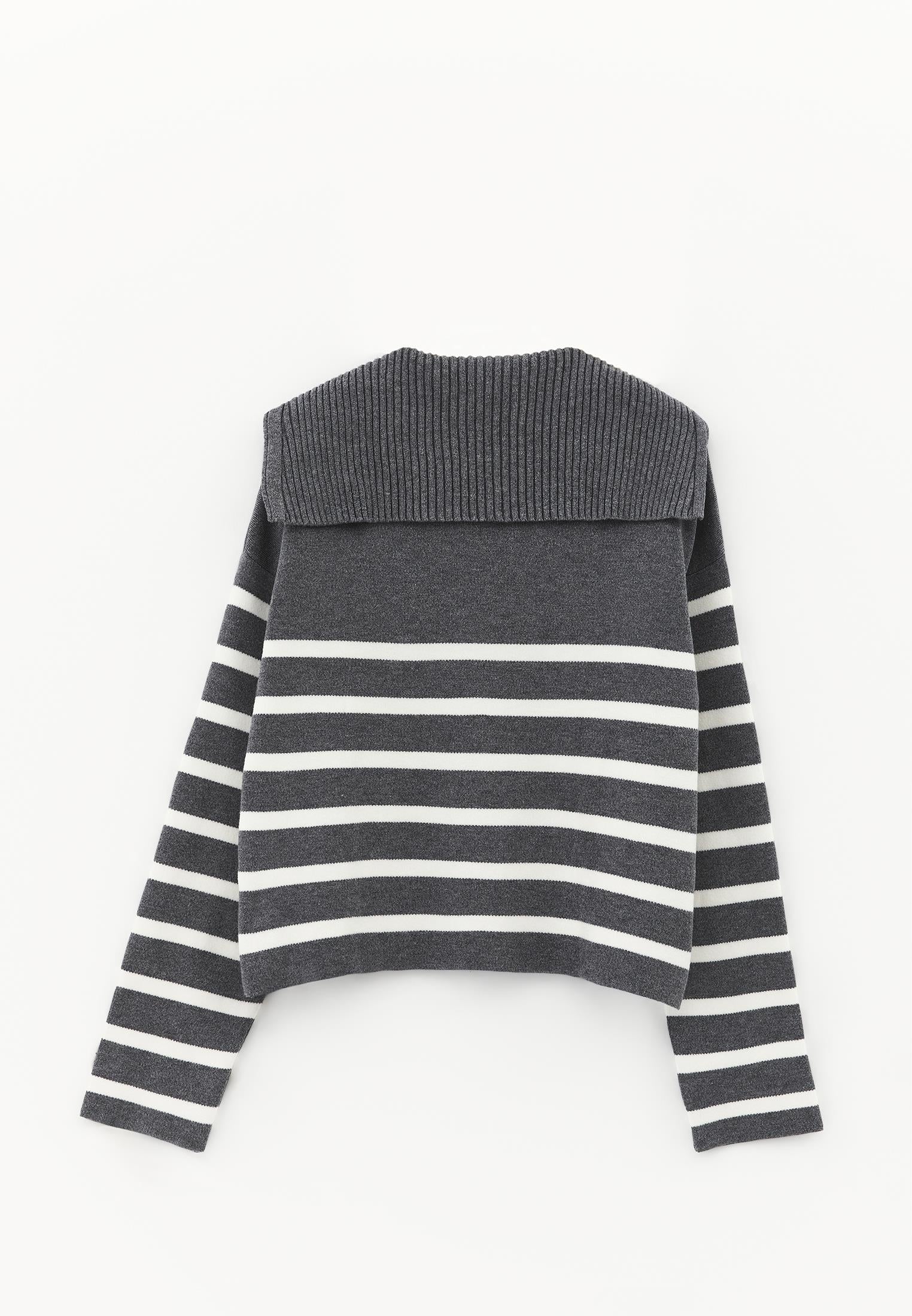 Striped Polo Collar Knit Sweater - BRUSHED NICKEL/ICE MILK
