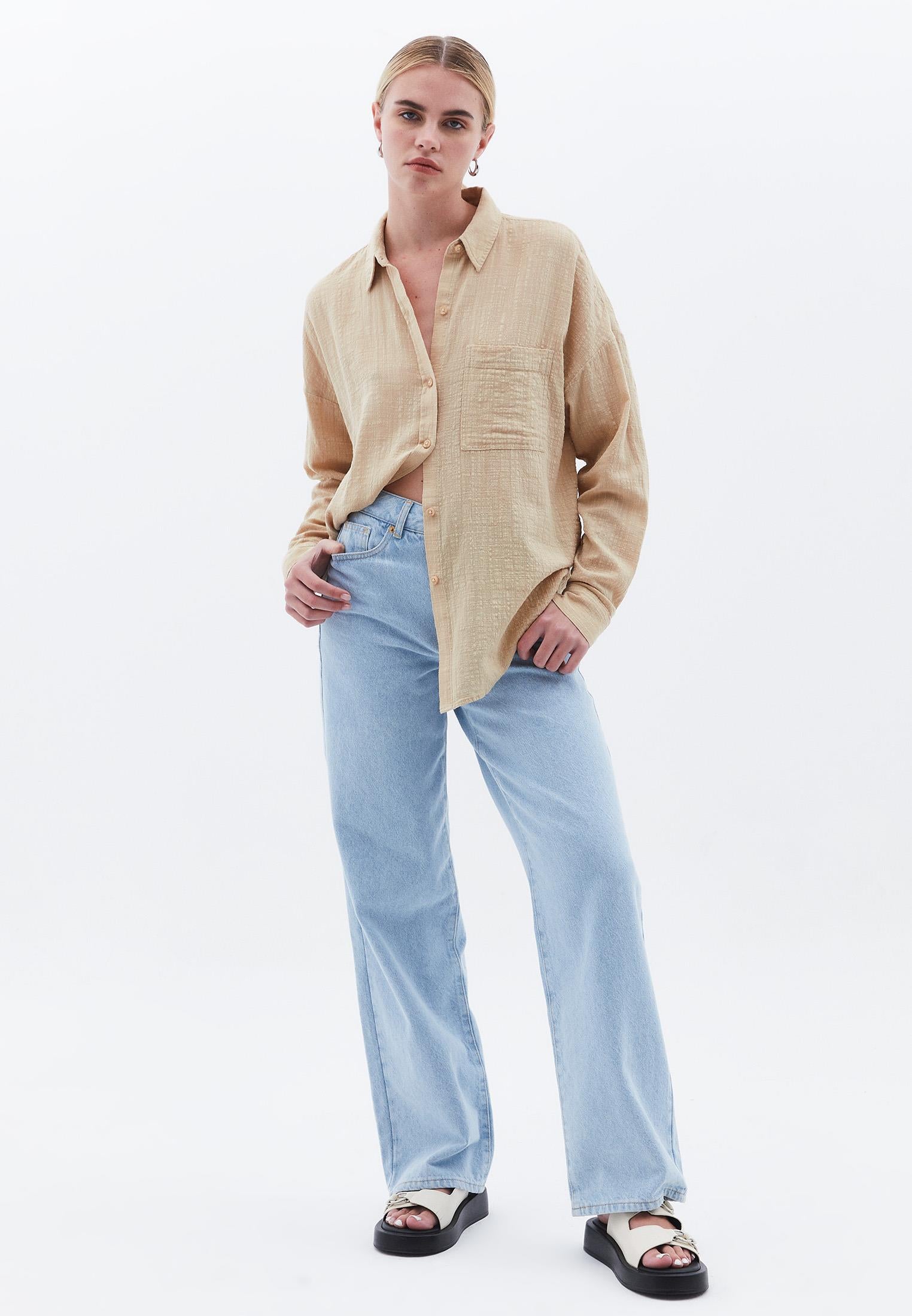Oversize Long Sleeve Shirt With Pocket Detail - IRISH CREAM