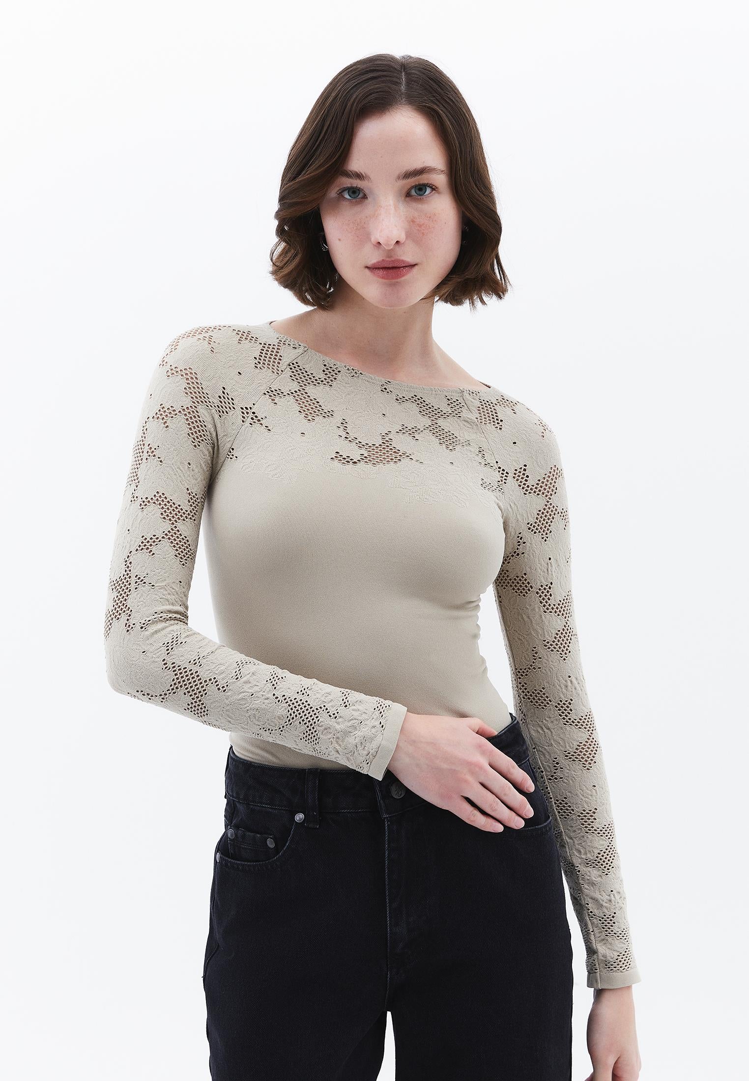 Jacquard Boat Neck Bodycon T-Shirt Long Sleeve - ISLAND FOSSIL