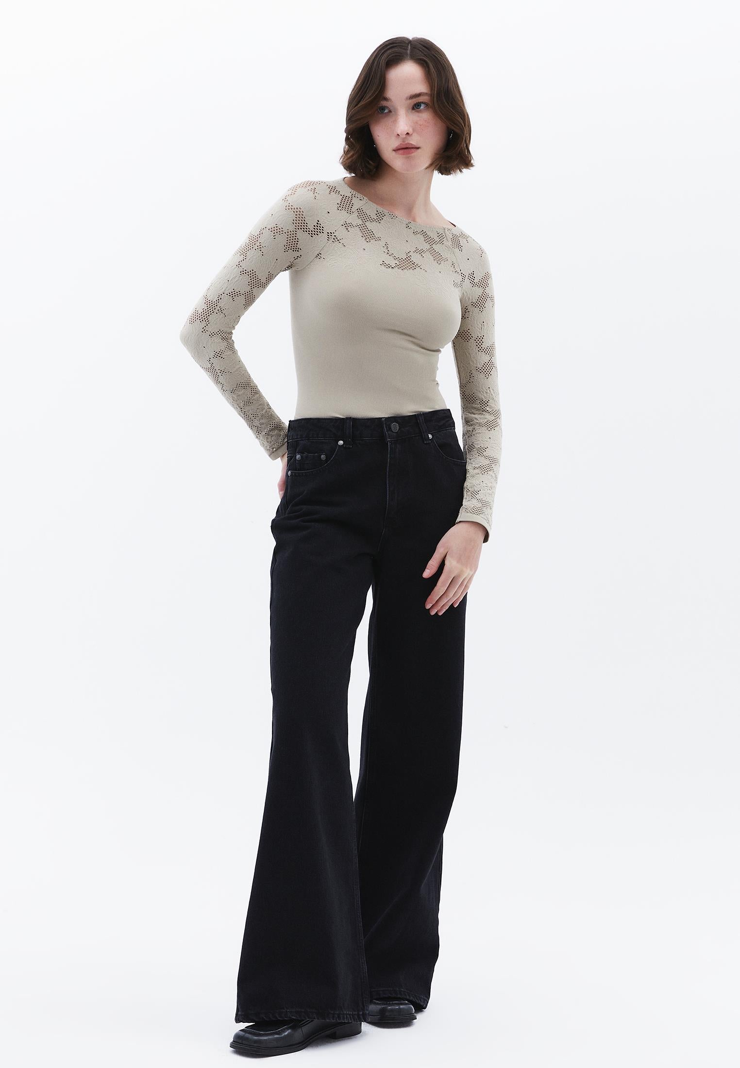 Jacquard Boat Neck Bodycon T-Shirt Long Sleeve - ISLAND FOSSIL