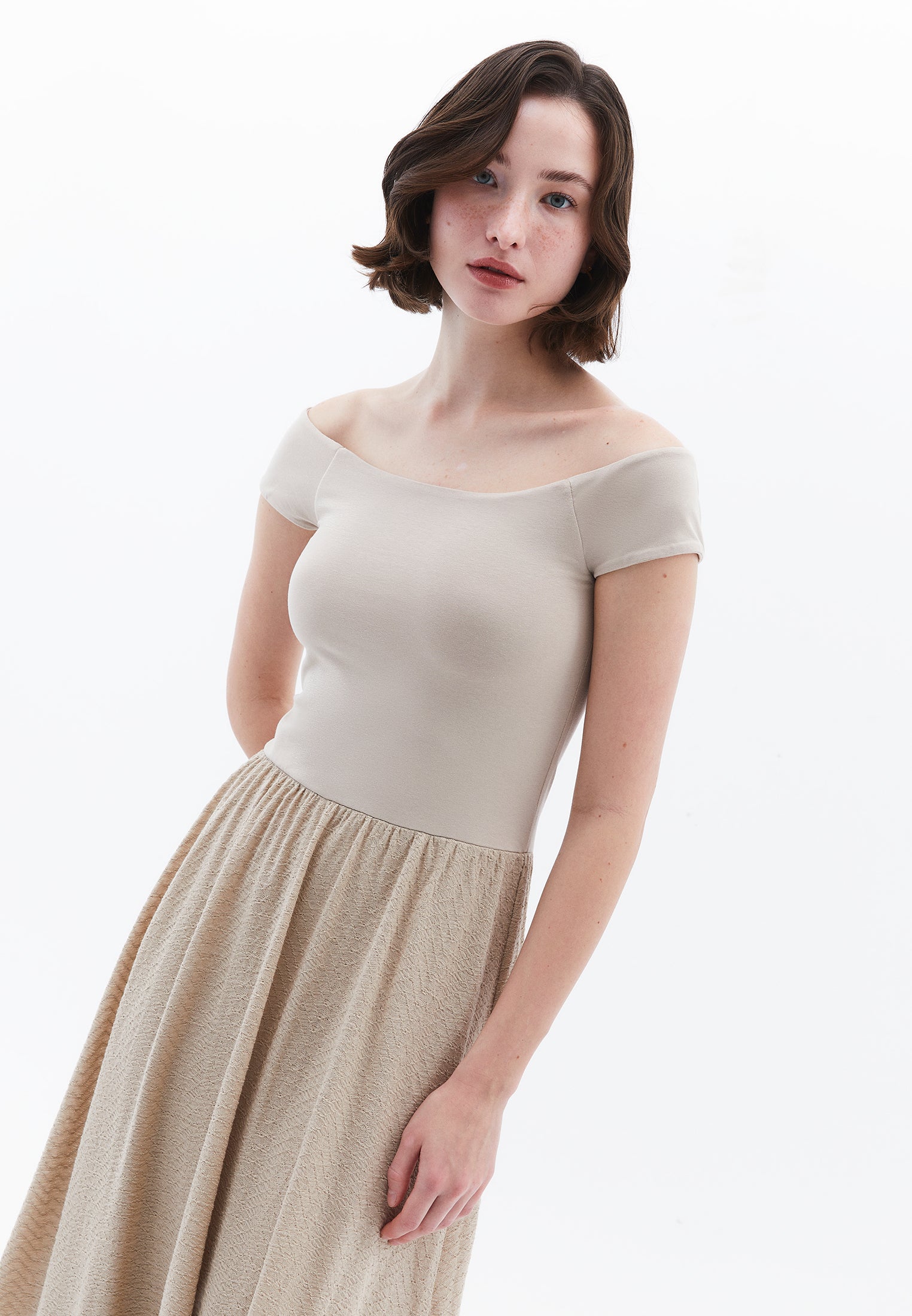 Off Shoulder Balloon Form Midi Dress - ISLAND FOSSIL