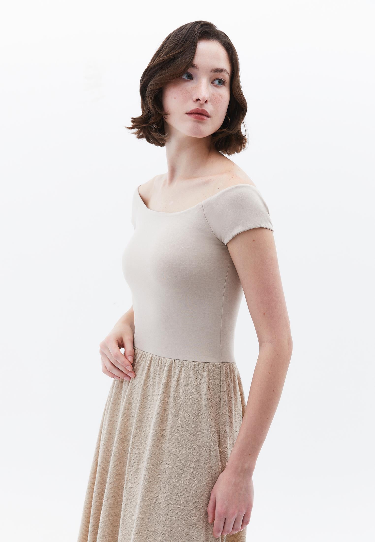 Off Shoulder Balloon Form Midi Dress - ISLAND FOSSIL