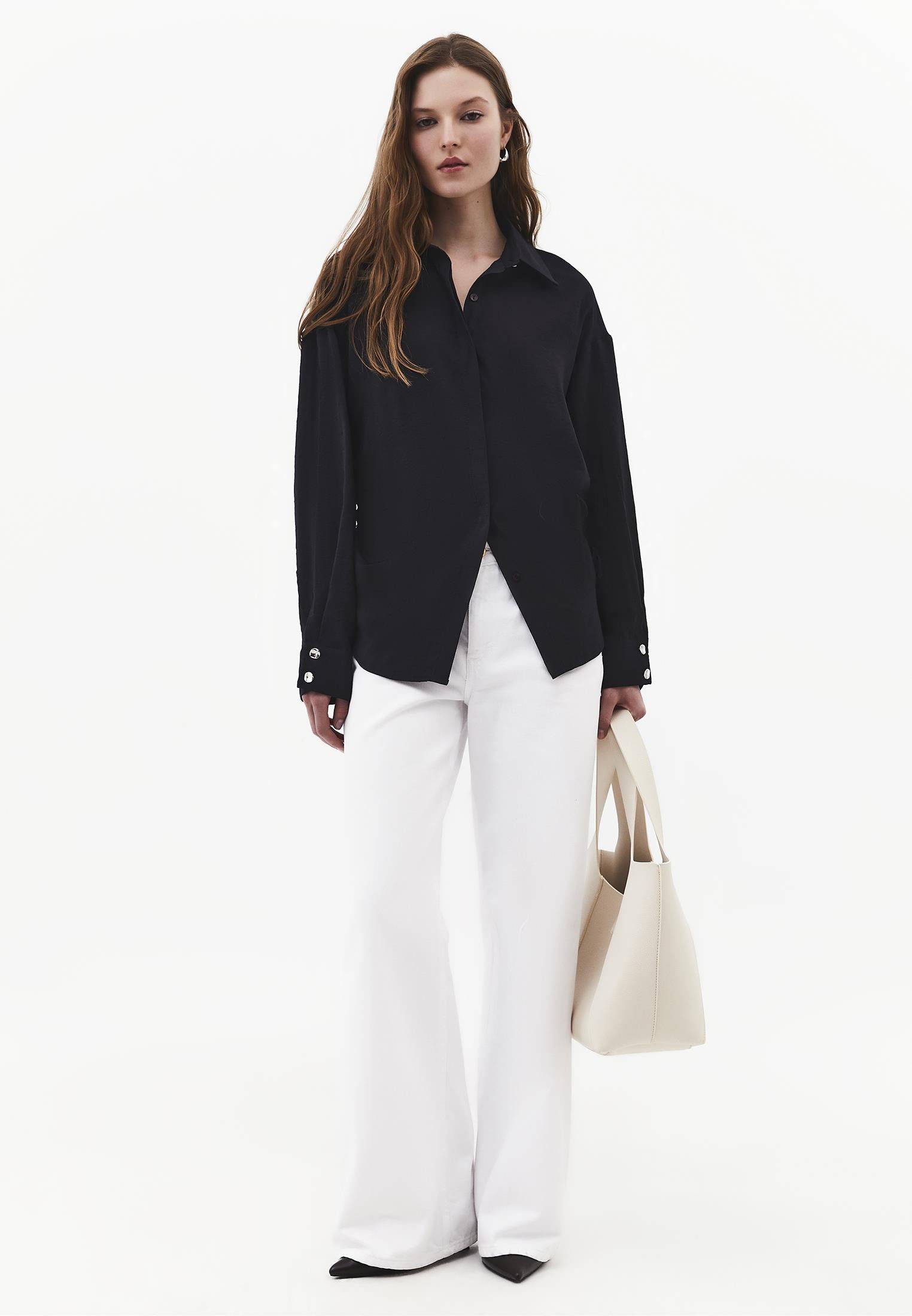 Oversize Long Sleeve Shirt with Ruching and Buttons - JET BLACK