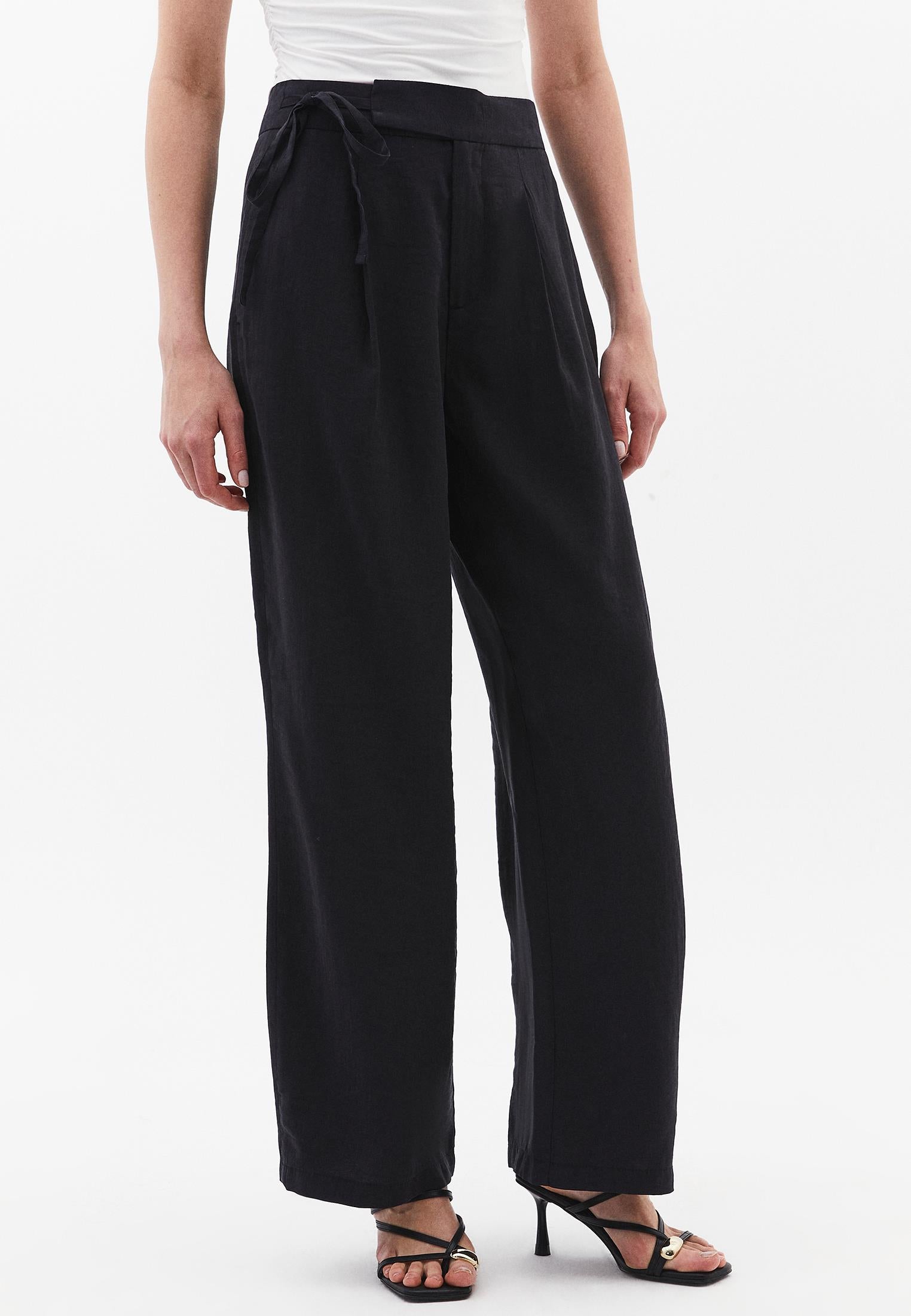 Ultra High Waist Belted Straight Leg Pants - JET BLACK