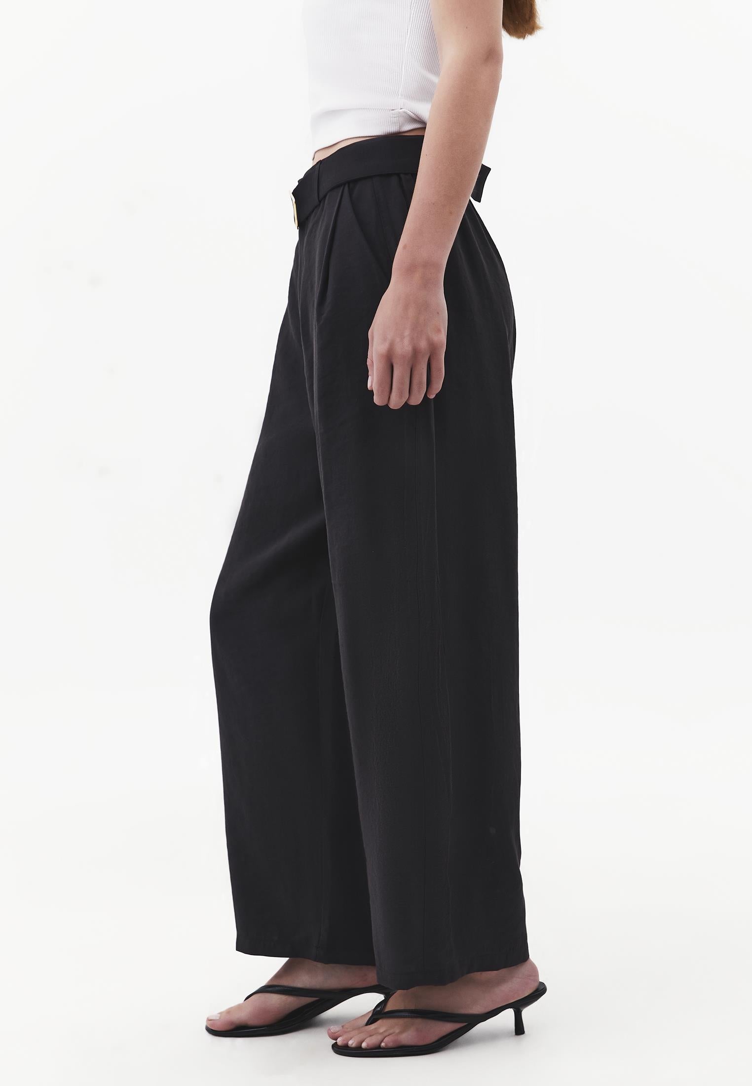 High Waist Barrel Leg Trousers with Belt Detail - JET BLACK