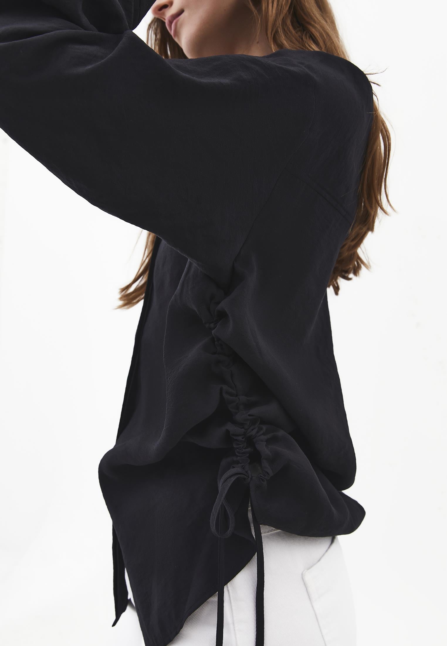 Oversize Long Sleeve Shirt with Ruching and Buttons - JET BLACK