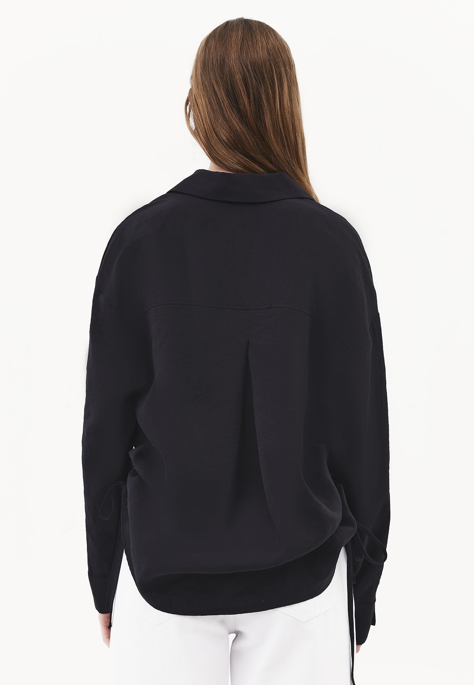 Oversize Long Sleeve Shirt with Ruching and Buttons - JET BLACK