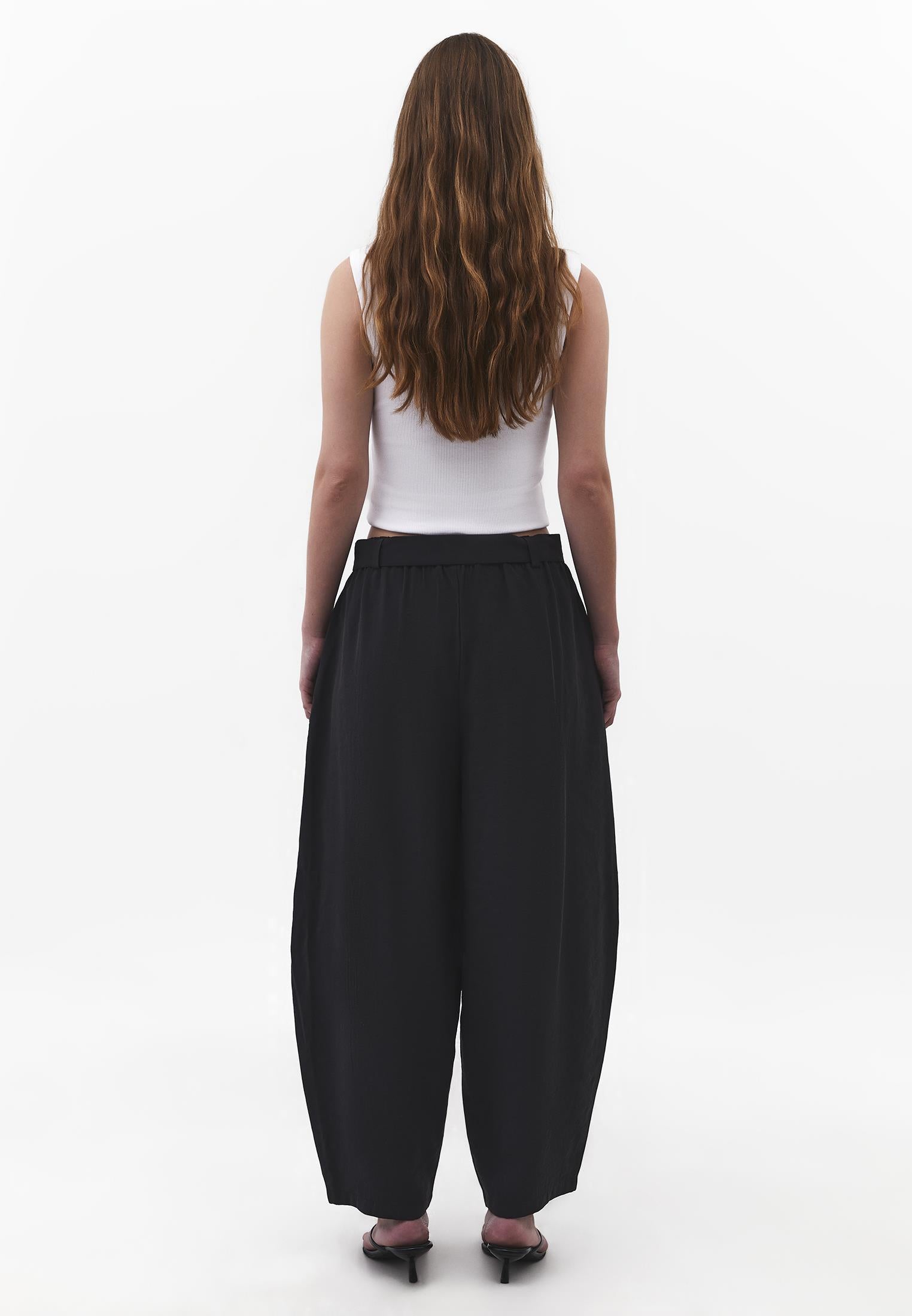 High Waist Barrel Leg Trousers with Belt Detail - JET BLACK