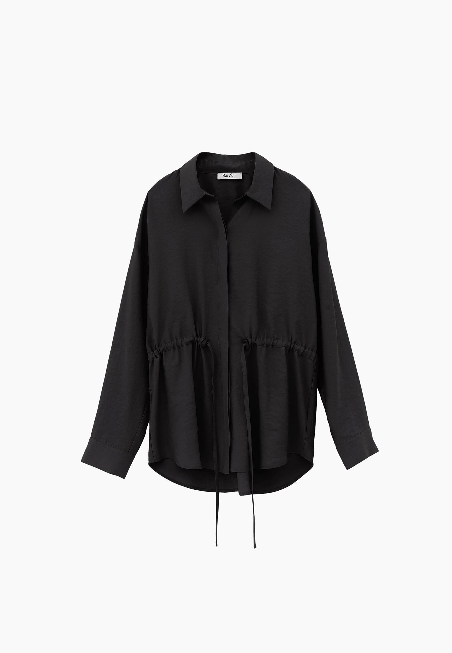 Oversize Shirt Collar Long Tunic - JET BLACK