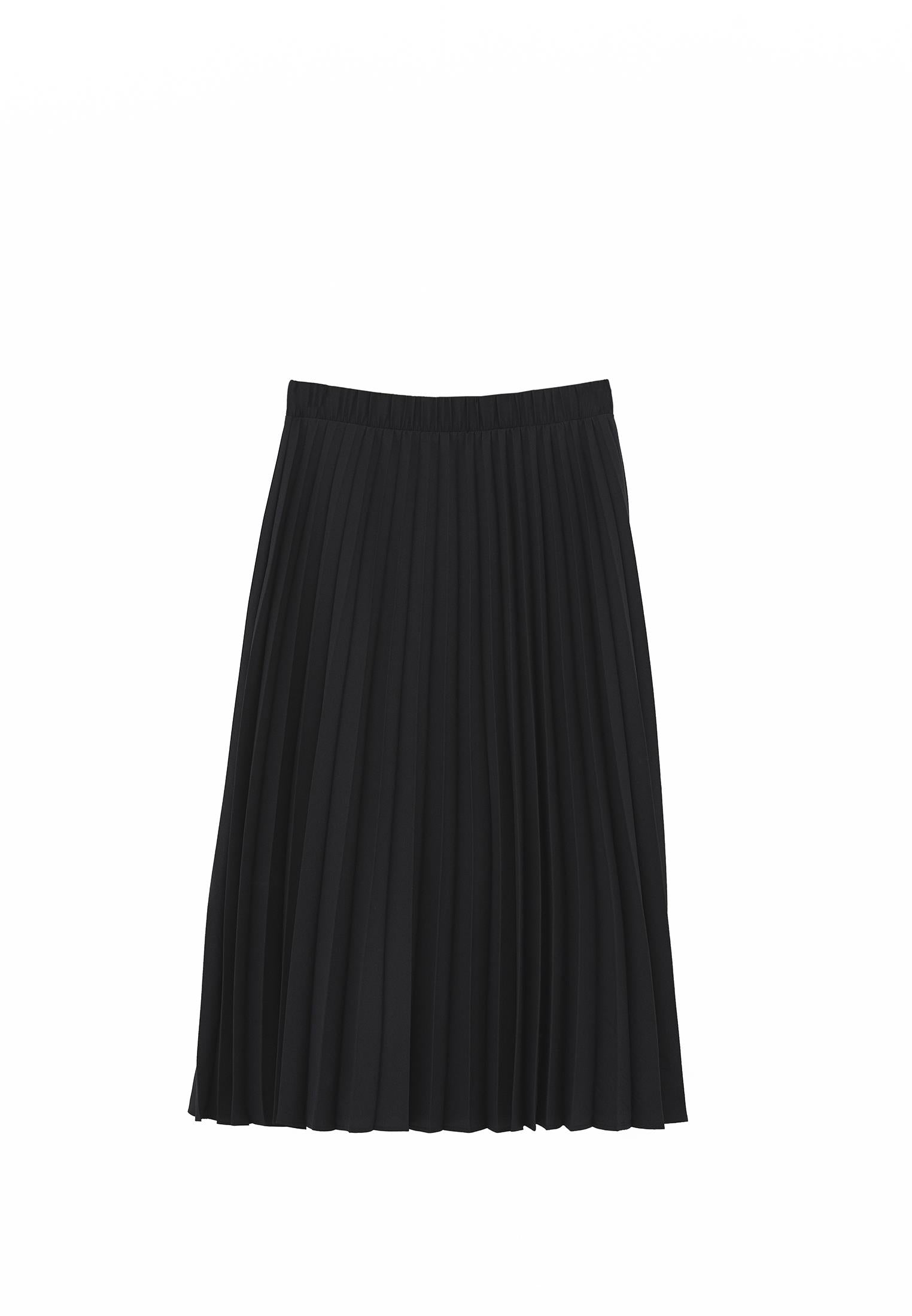 Elastic Waist Pleated Long A-Line Skirt - JET BLACK