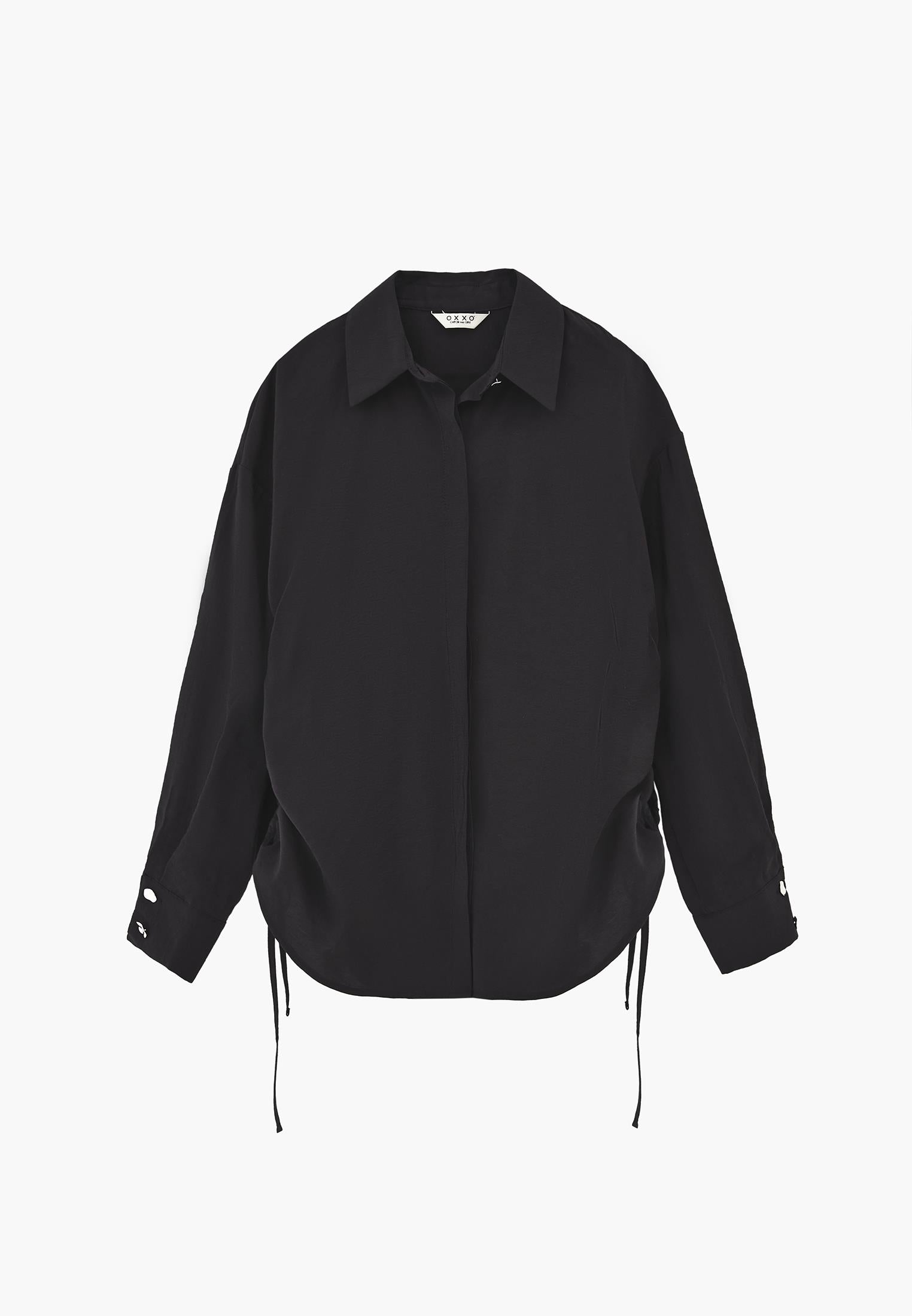 Oversize Long Sleeve Shirt with Ruching and Buttons - JET BLACK