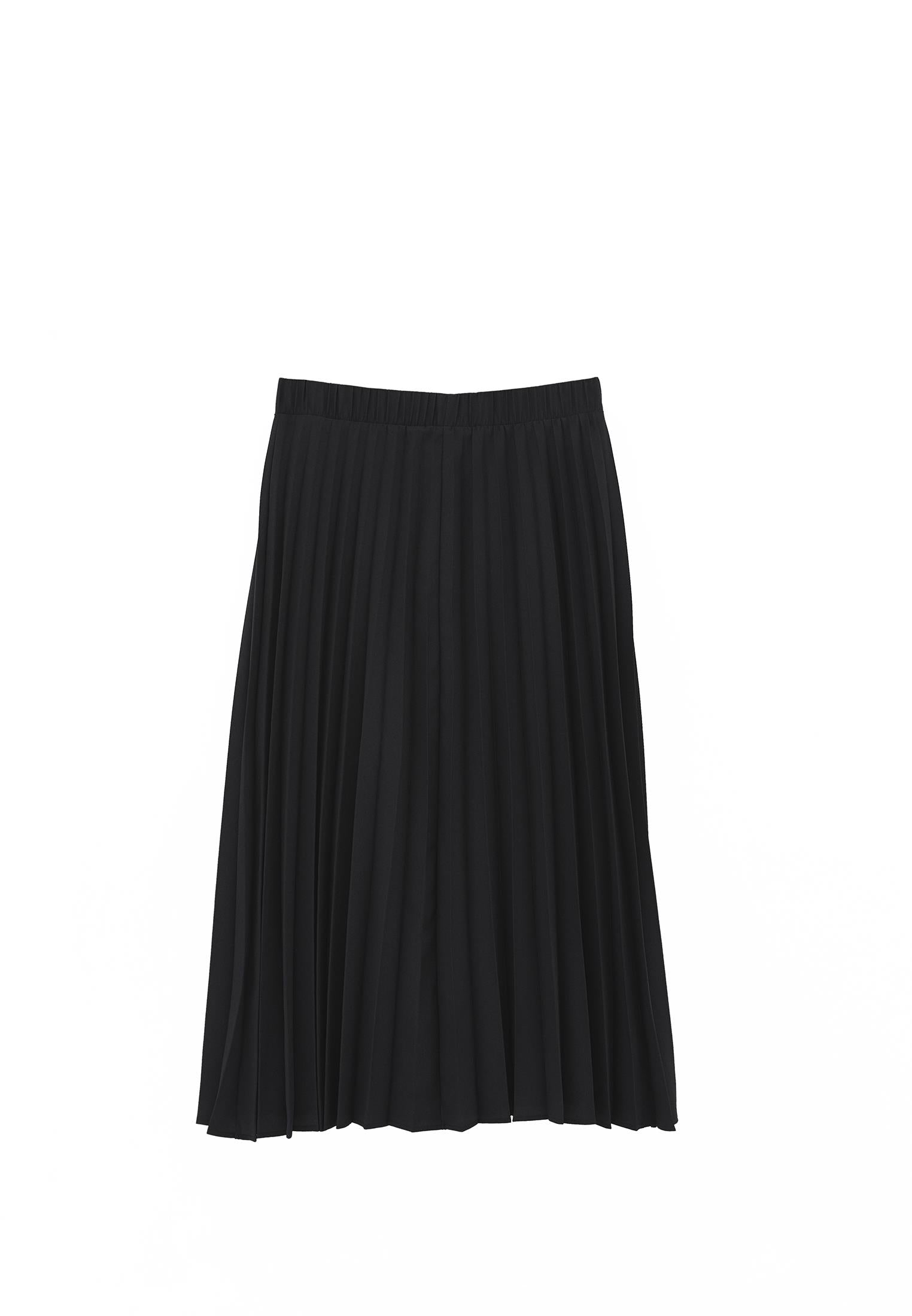Elastic Waist Pleated Long A-Line Skirt - JET BLACK