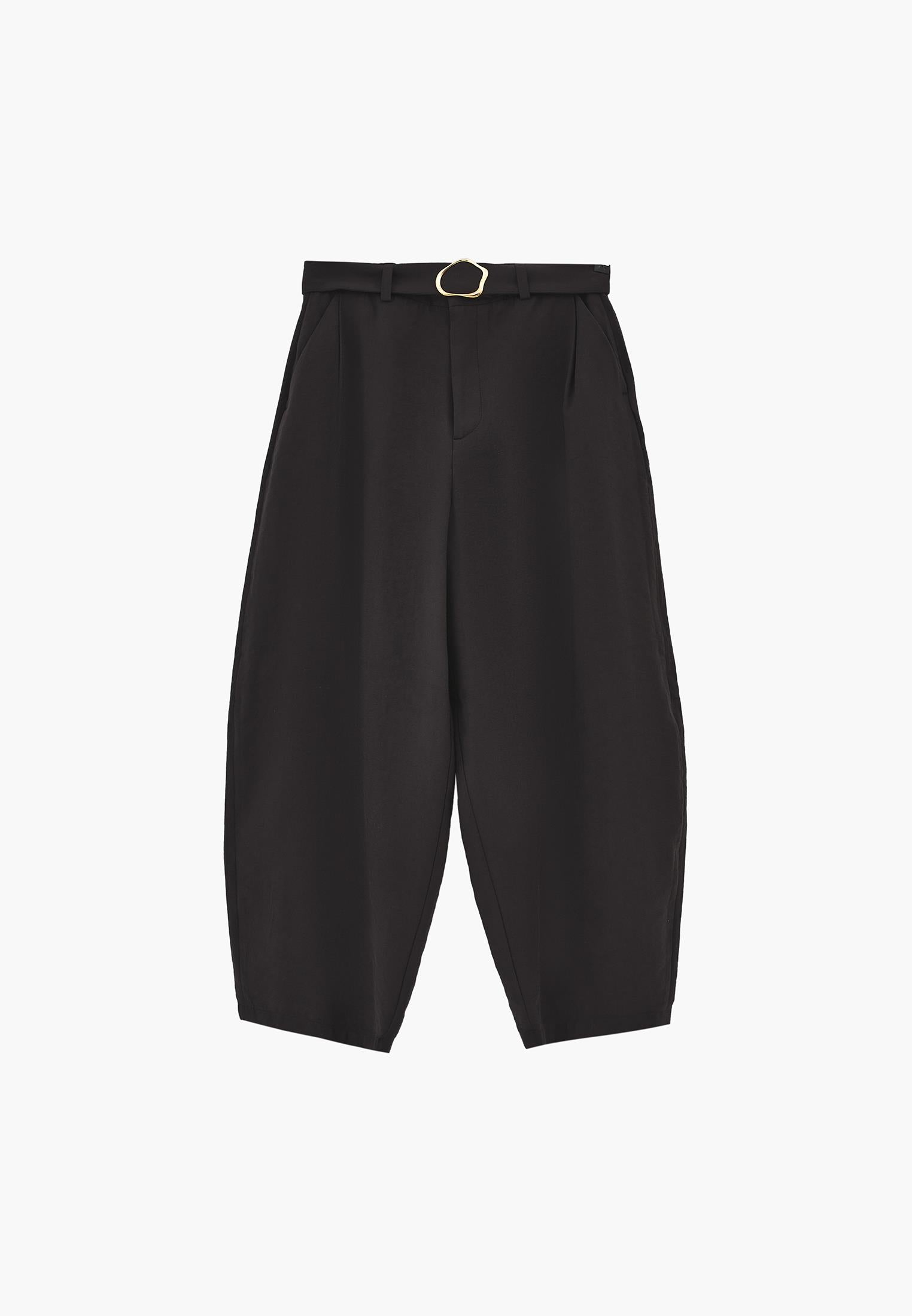 High Waist Barrel Leg Trousers with Belt Detail - JET BLACK