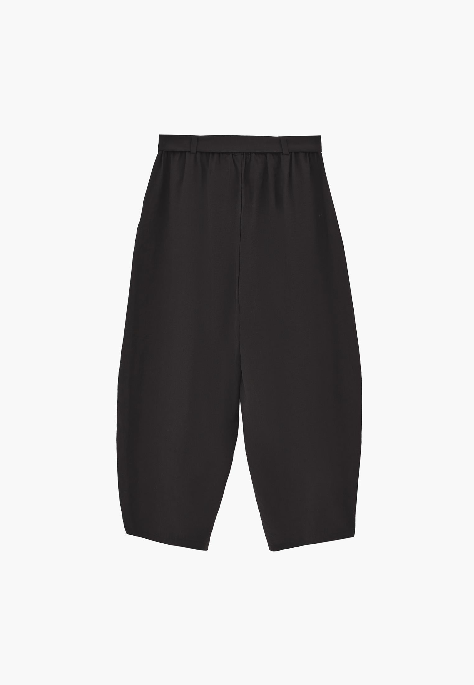 High Waist Barrel Leg Trousers with Belt Detail - JET BLACK